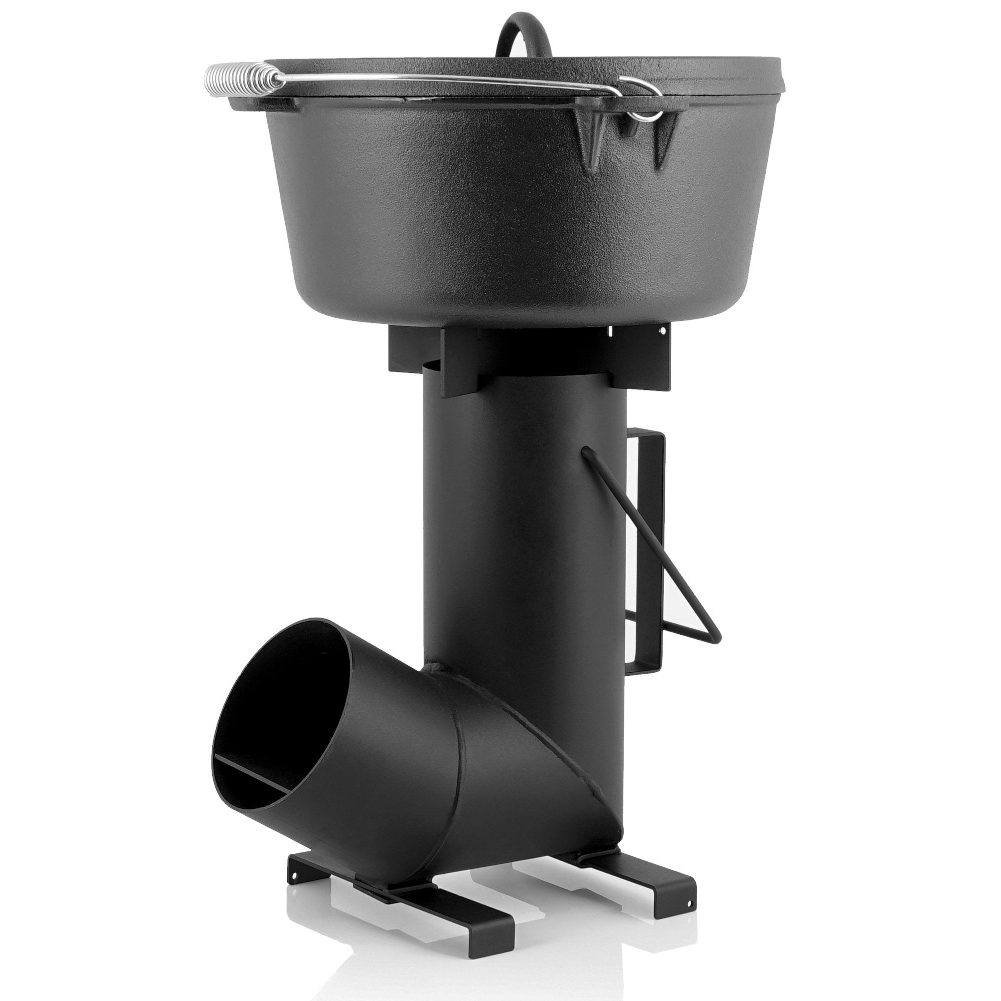 Kit de survie 6 pièces : cocotte en fonte, pierre à feu, allume-feu et réchaud à fusée