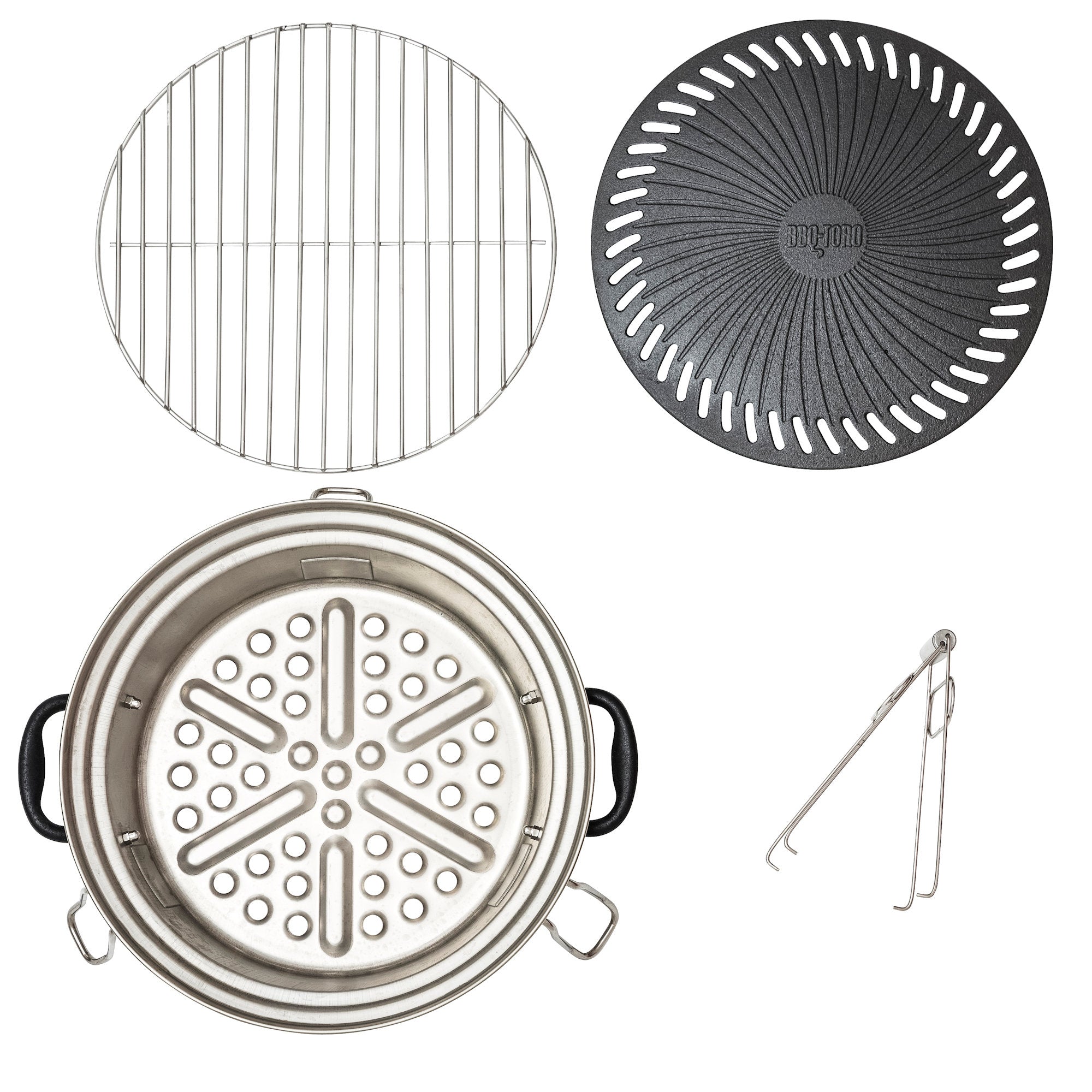 Ensemble de grilles pour poêle à fusée, comprenant une plaque de cuisson en fonte, une grille de cuisson, un bac de récupération des graisses et un lève-gril.