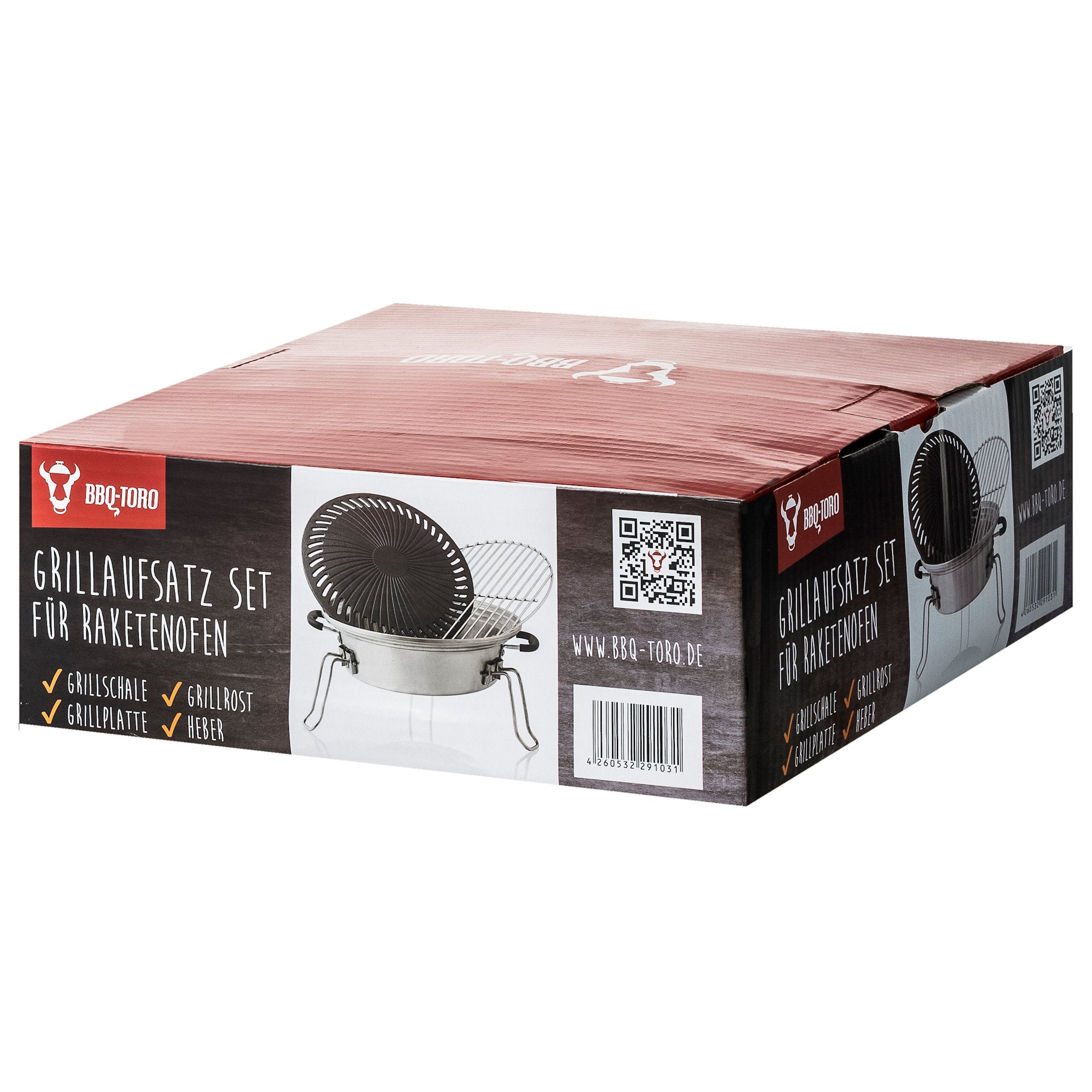 Ensemble de grilles pour poêle à fusée, comprenant une plaque de cuisson en fonte, une grille de cuisson, un bac de récupération des graisses et un lève-gril.