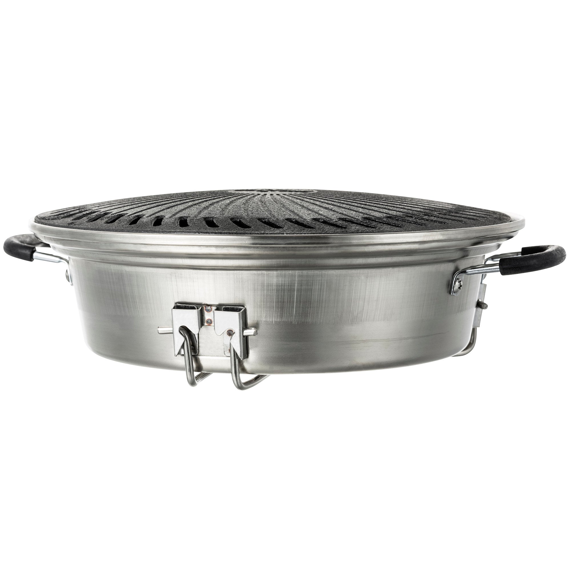 Ensemble de grilles pour poêle à fusée, comprenant une plaque de cuisson en fonte, une grille de cuisson, un bac de récupération des graisses et un lève-gril.