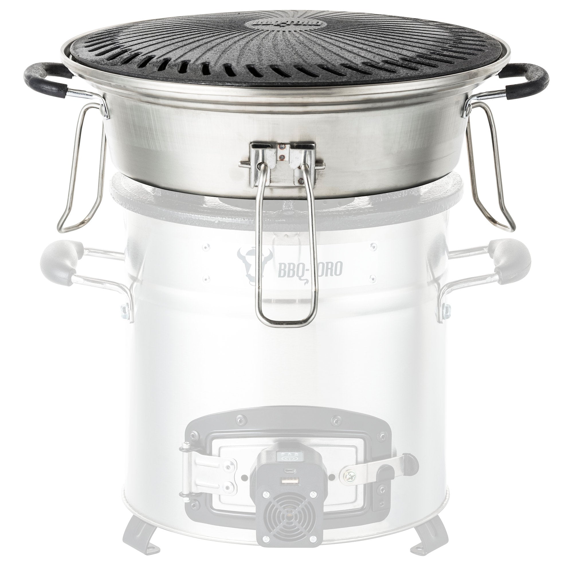 Ensemble de grilles pour poêle à fusée, comprenant une plaque de cuisson en fonte, une grille de cuisson, un bac de récupération des graisses et un lève-gril.