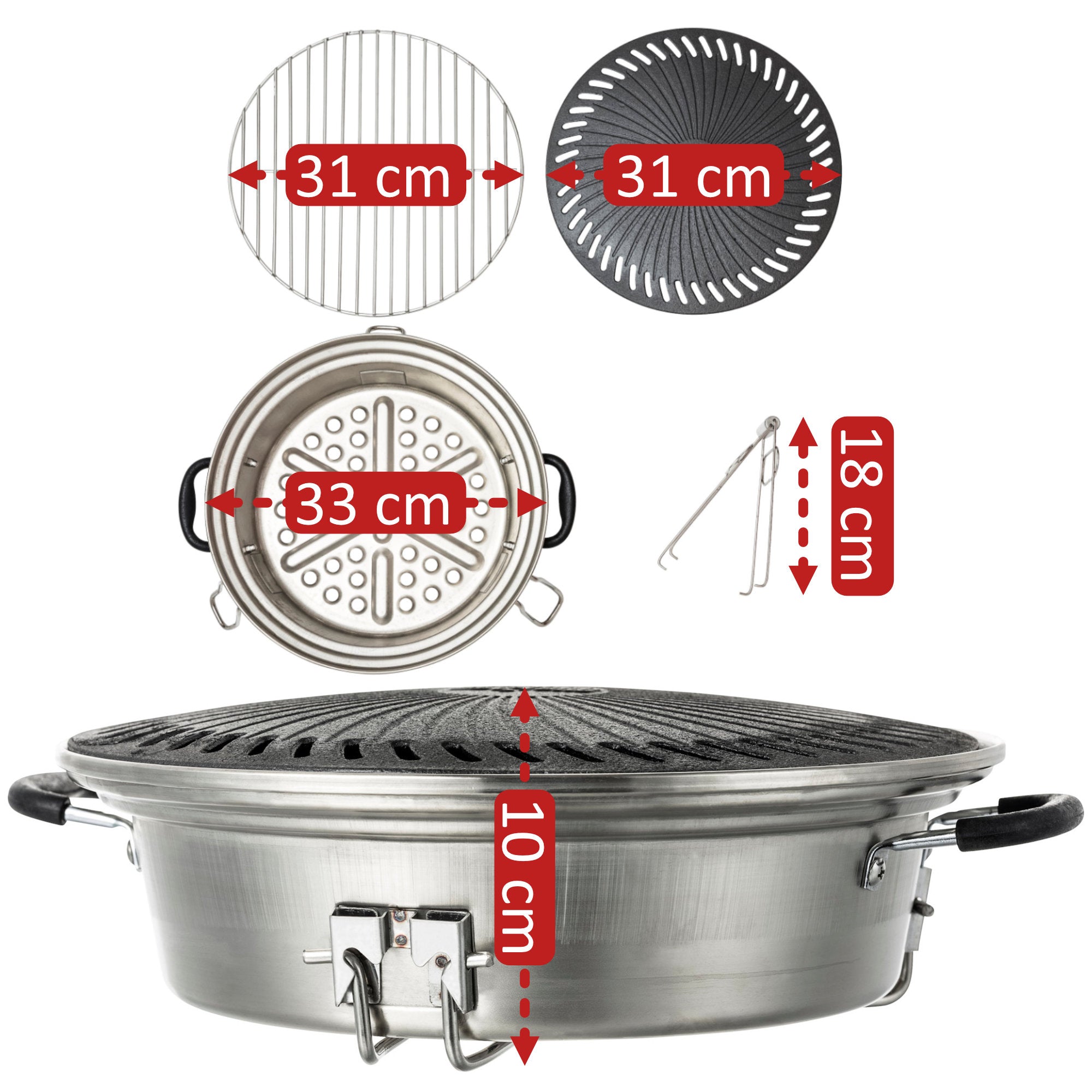 Grill set for rocket stove, including cast iron grill plate, grill grate, drip tray, lifter