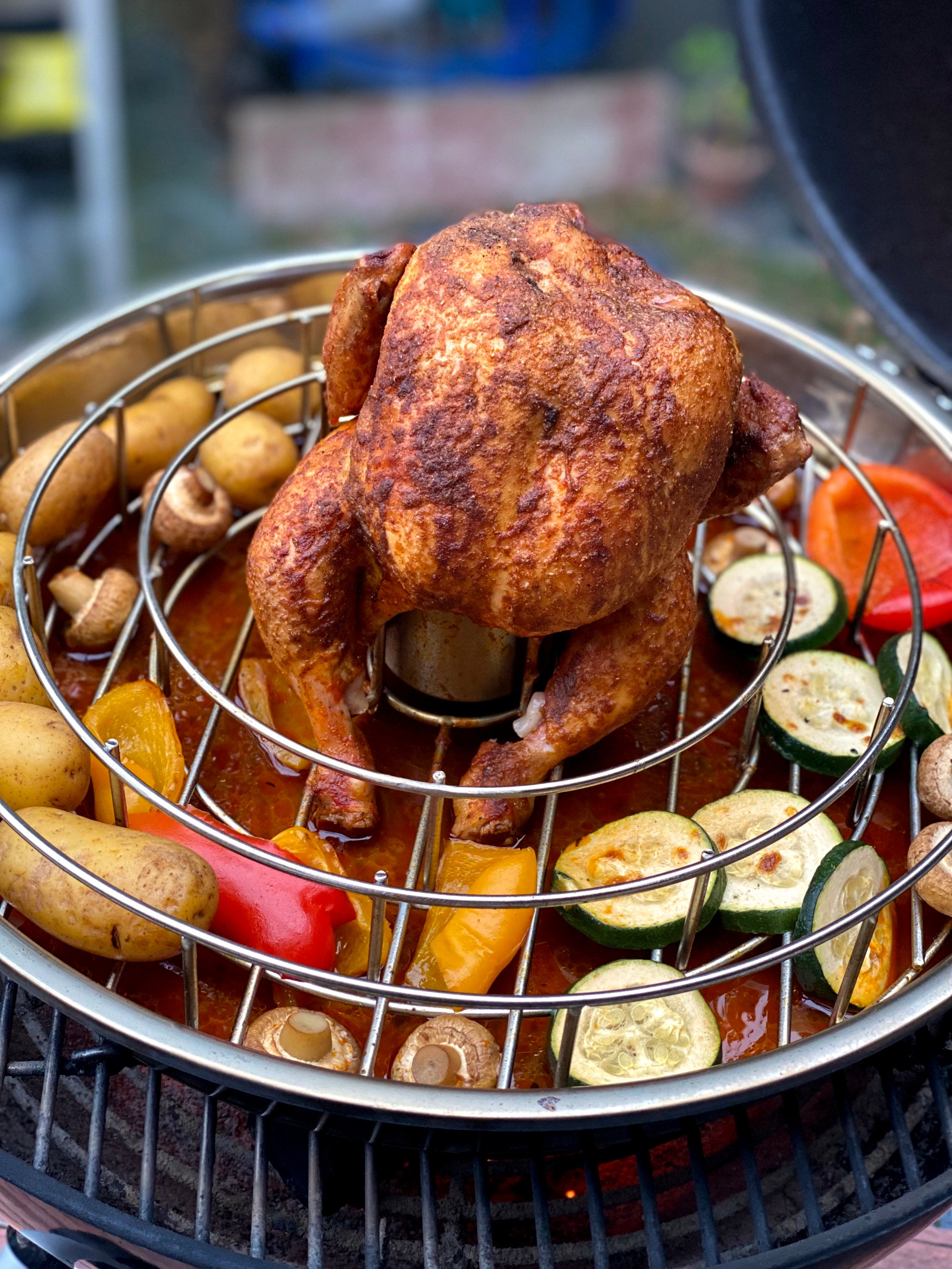 Support 3 en 1 pour côtes levées et cuisses de poulet, en acier inoxydable, avec bac récupérateur de jus