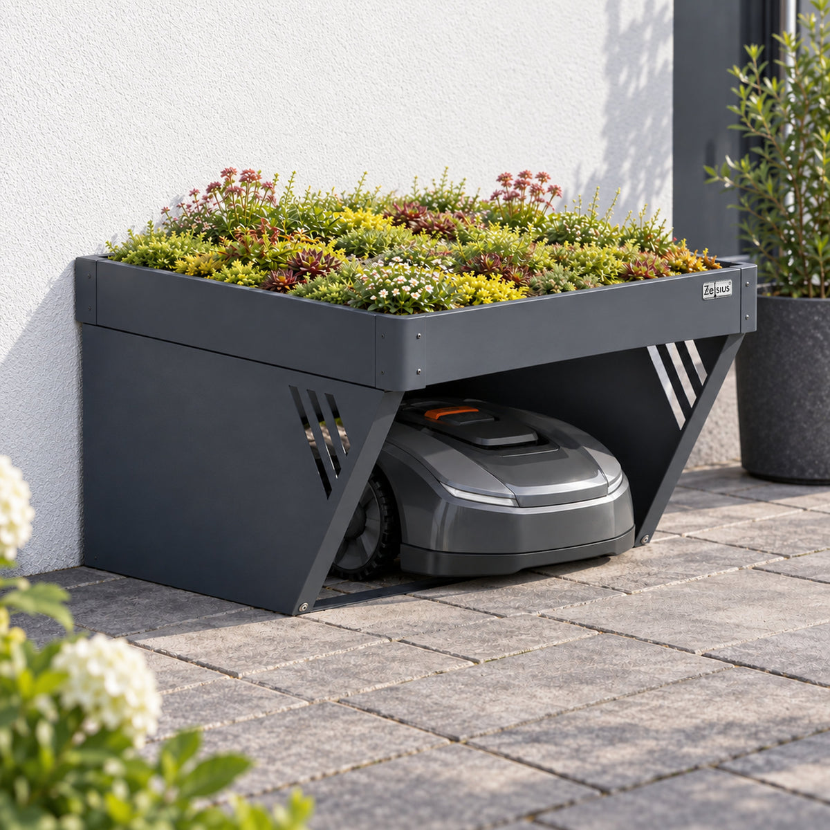 Mähroboter Garage mit Pflanzkasten, Anthrazit RAL 7016, verzinkter Stahl