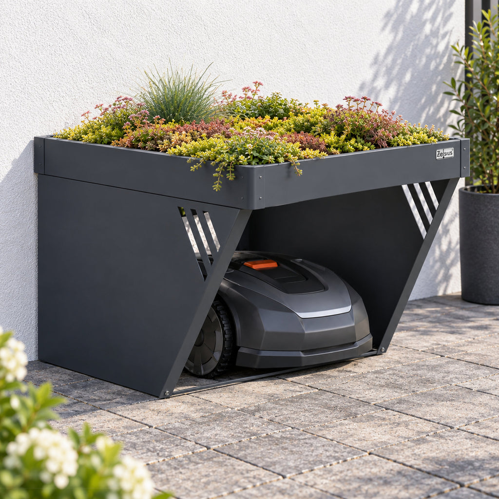 Mähroboter Garage mit Pflanzkasten, Anthrazit RAL 7016, verzinkter Stahl