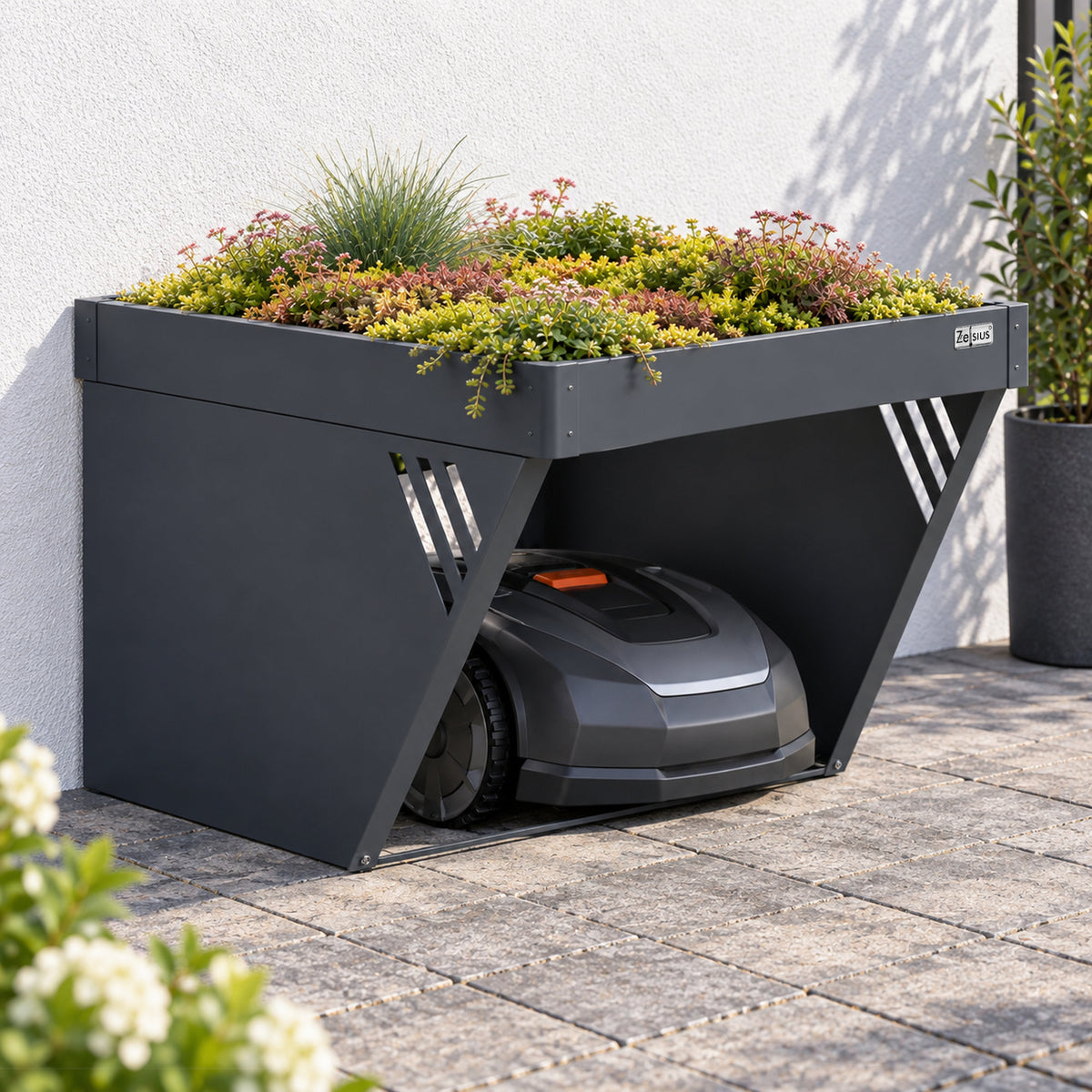 Mähroboter Garage mit Pflanzkasten, Anthrazit RAL 7016, verzinkter Stahl