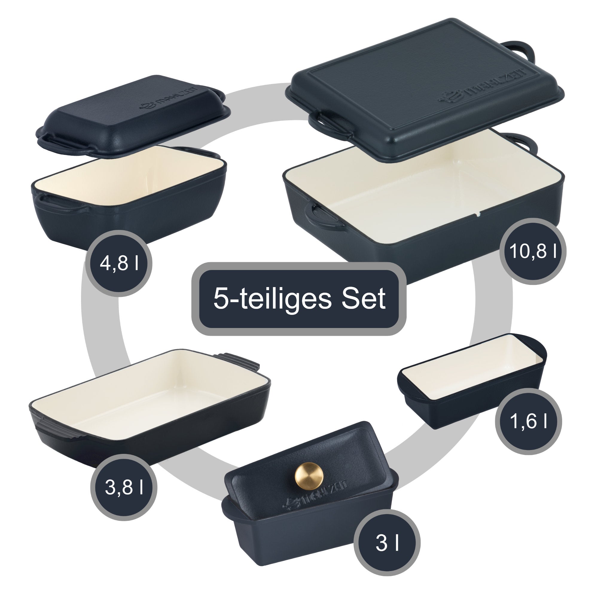 Roasting pan set, 5-piece, cast iron, enamelled