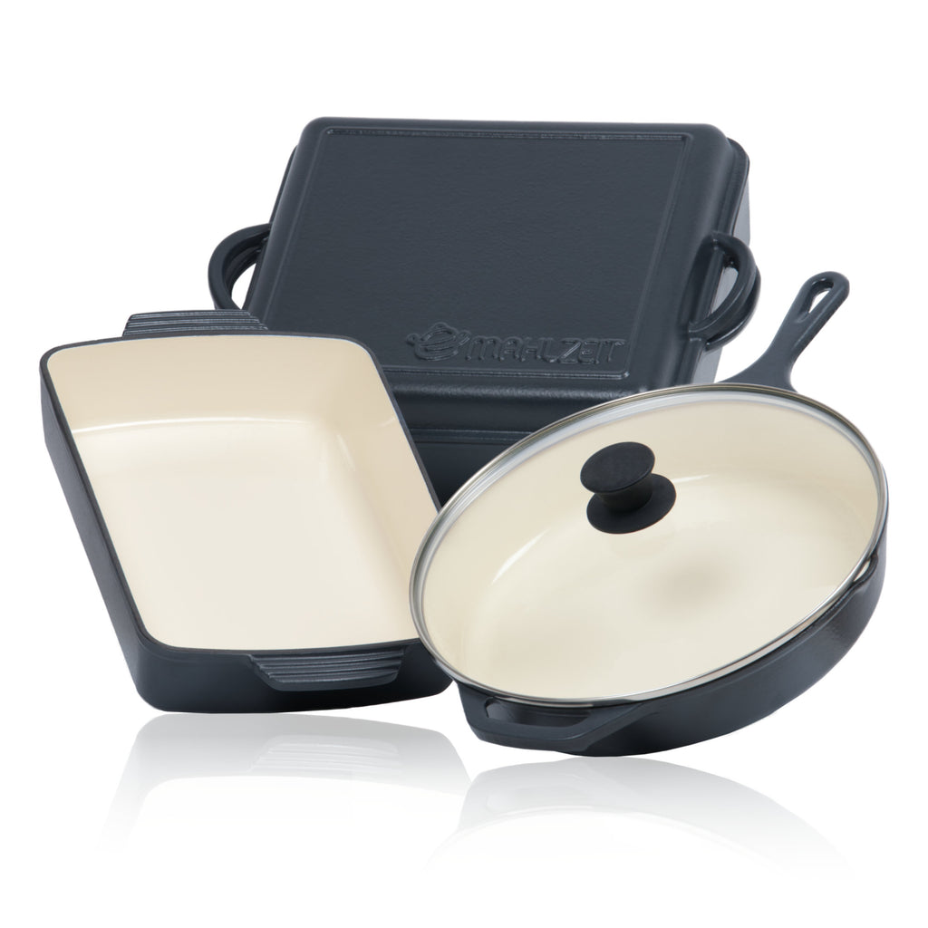 Batterie de cuisine 3 pièces en fonte émaillée, avec couvercle.