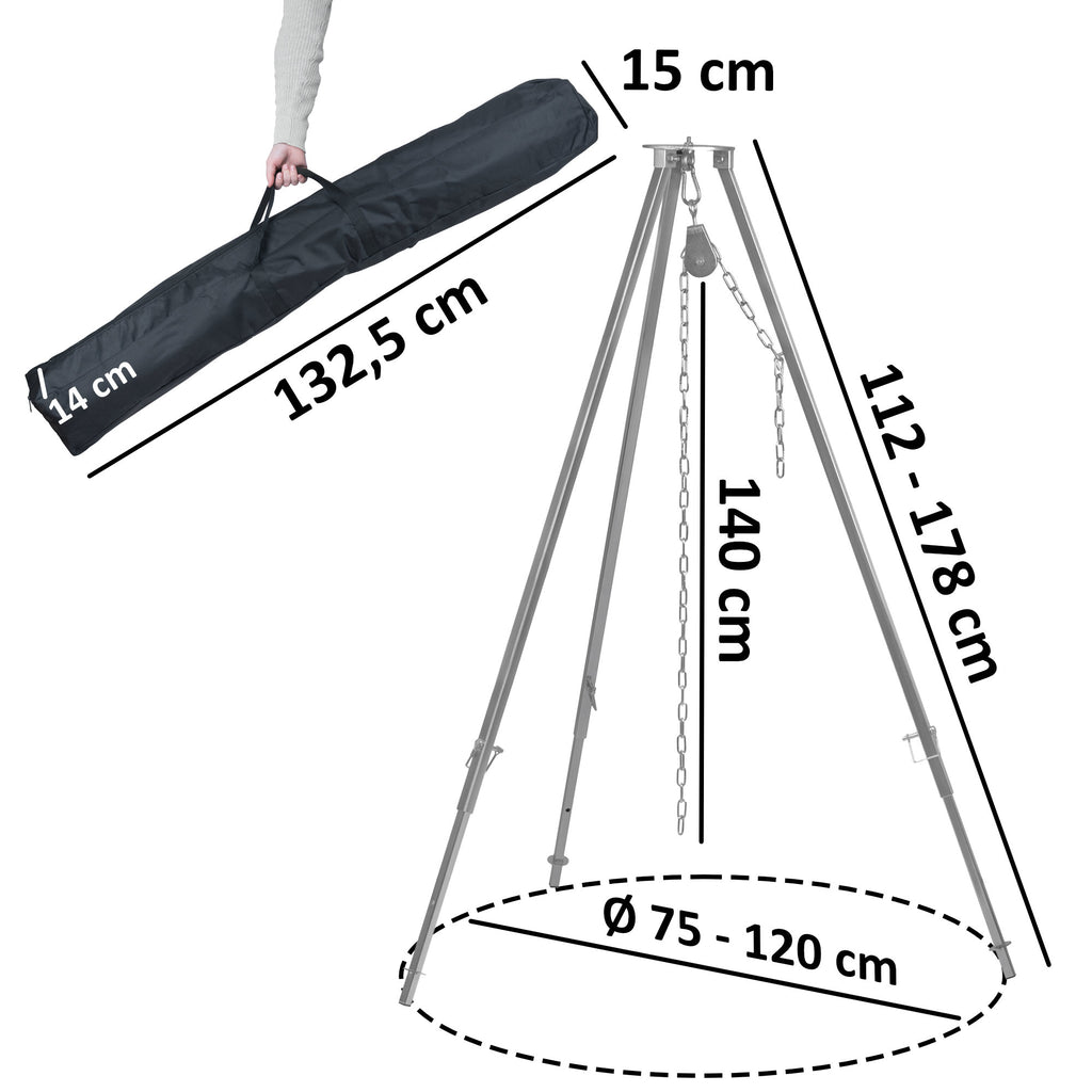Barbecue trépied, 112 - 178 cm, avec grille de cuisson, Ø 54 cm, en fonte