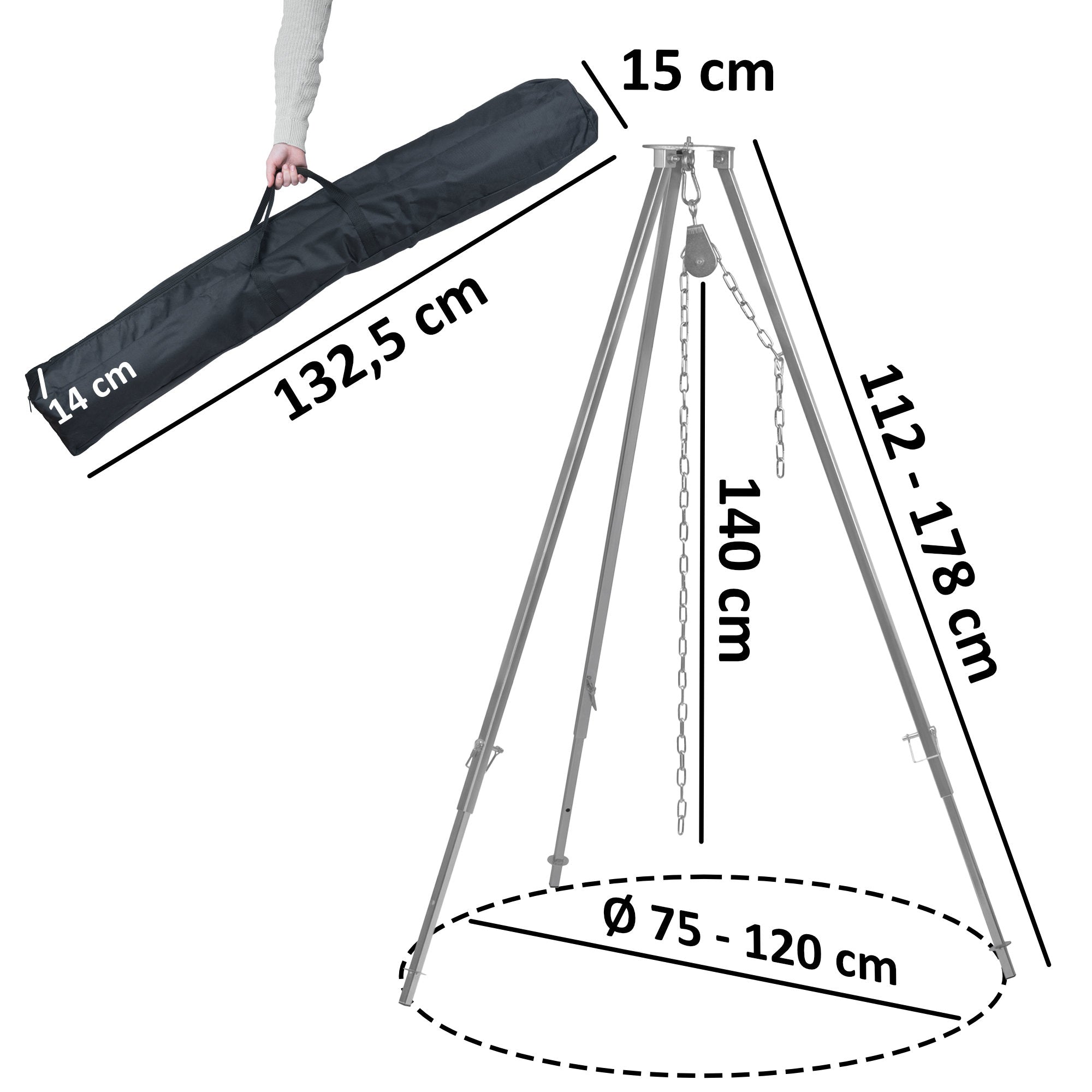 Barbecue trépied, 112 - 178 cm, avec grille de cuisson, Ø 54 cm, en fonte