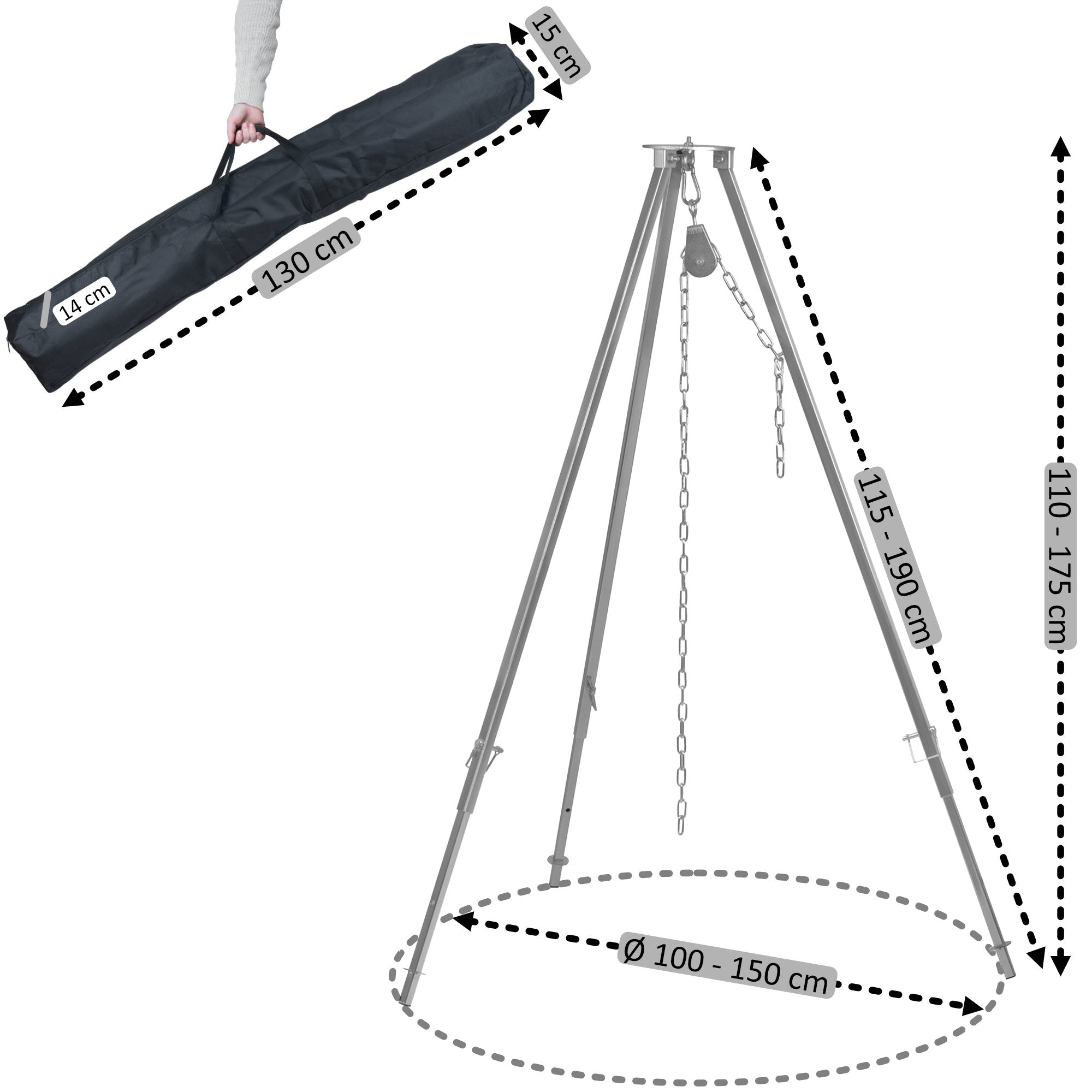 Barbecue trépied en acier inoxydable, avec grille de cuisson et hauteur réglable.