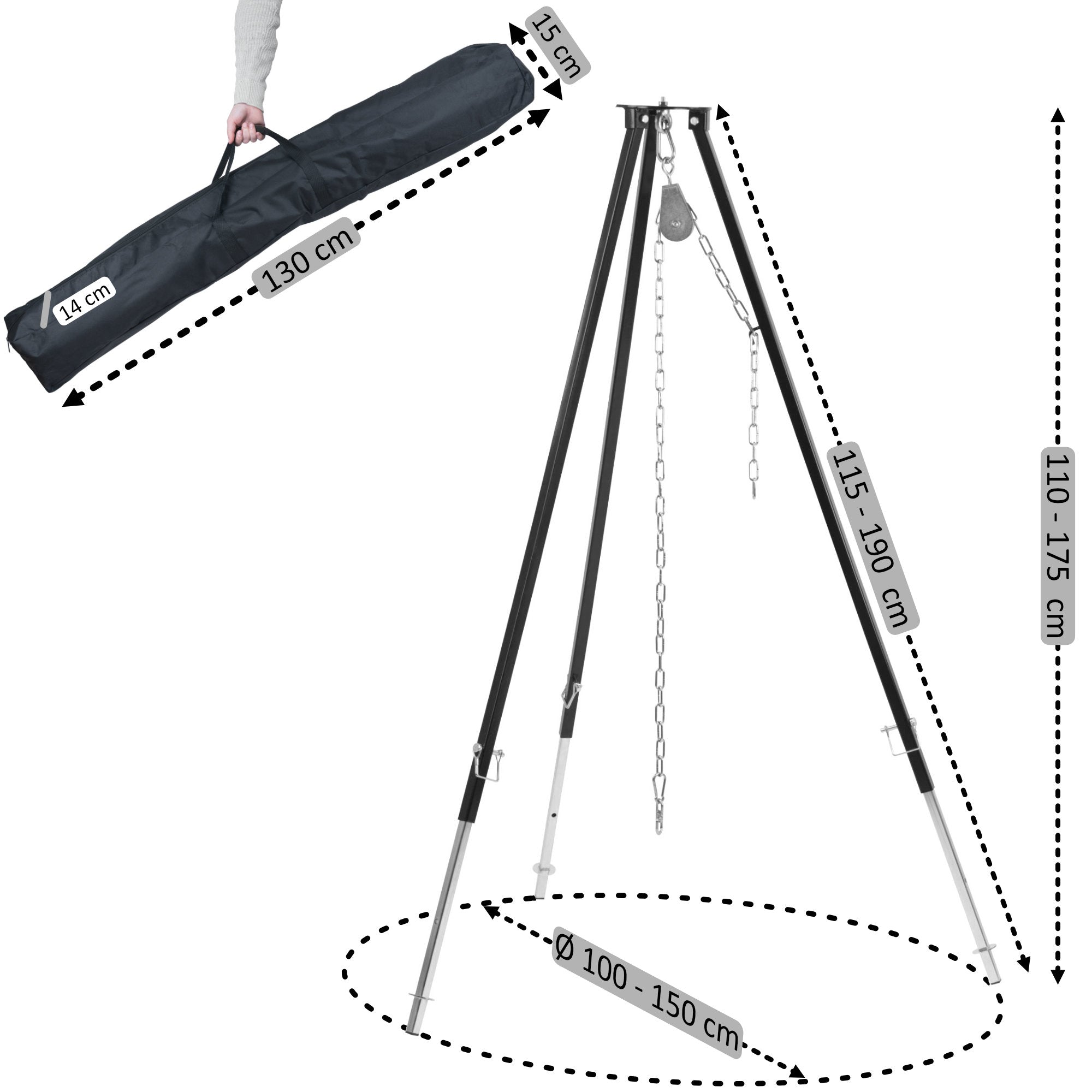 Tripod grill for fire bowl, 110 - 175 cm, black