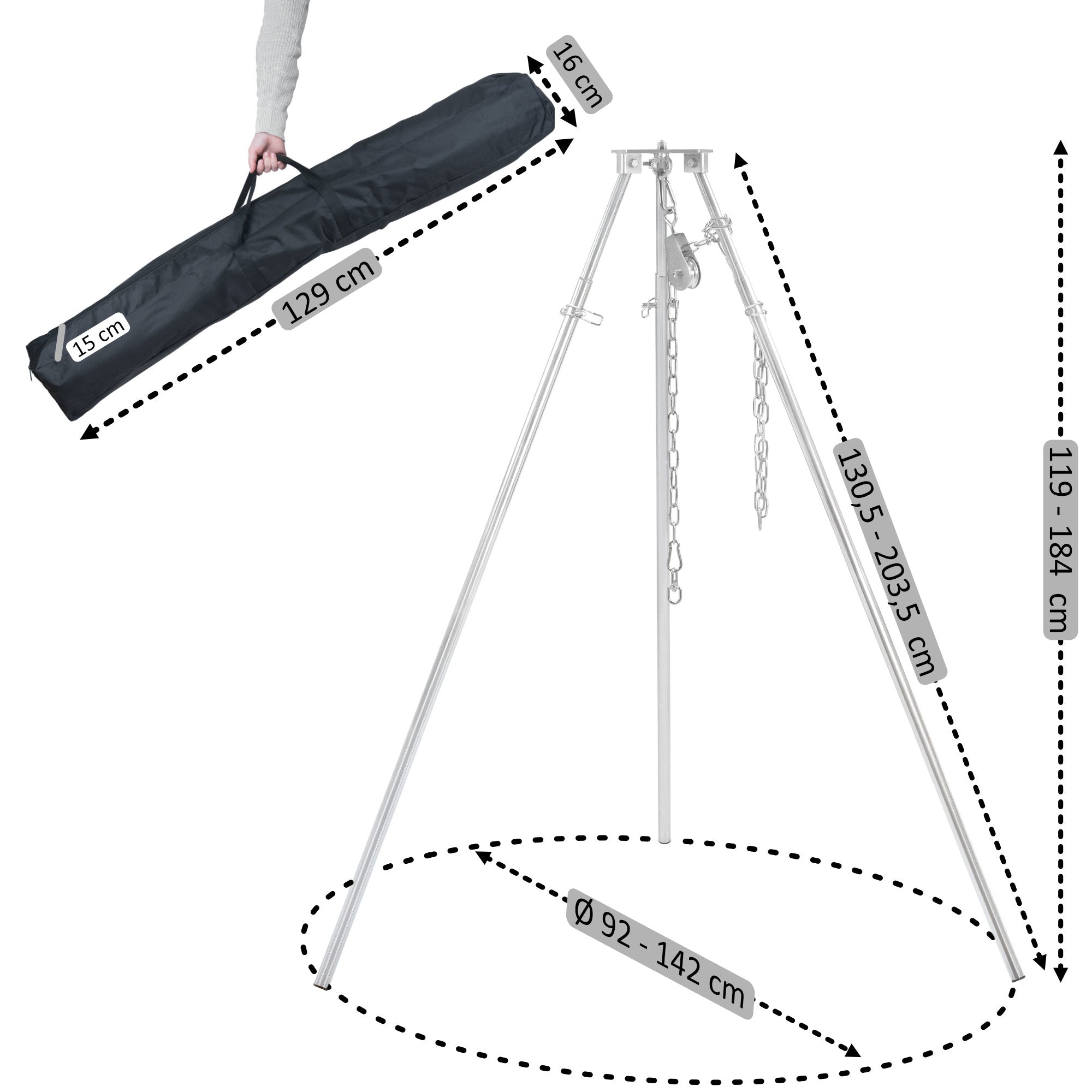 Dreibein Grill, 119 - 184 cm, verzinktes Eisen, inkl. Grillrost