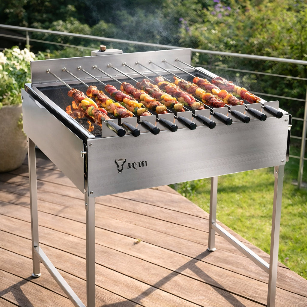 Barbecue au charbon de bois avec rôtissoire, 11 brochettes, acier inoxydable, moteur inclus.