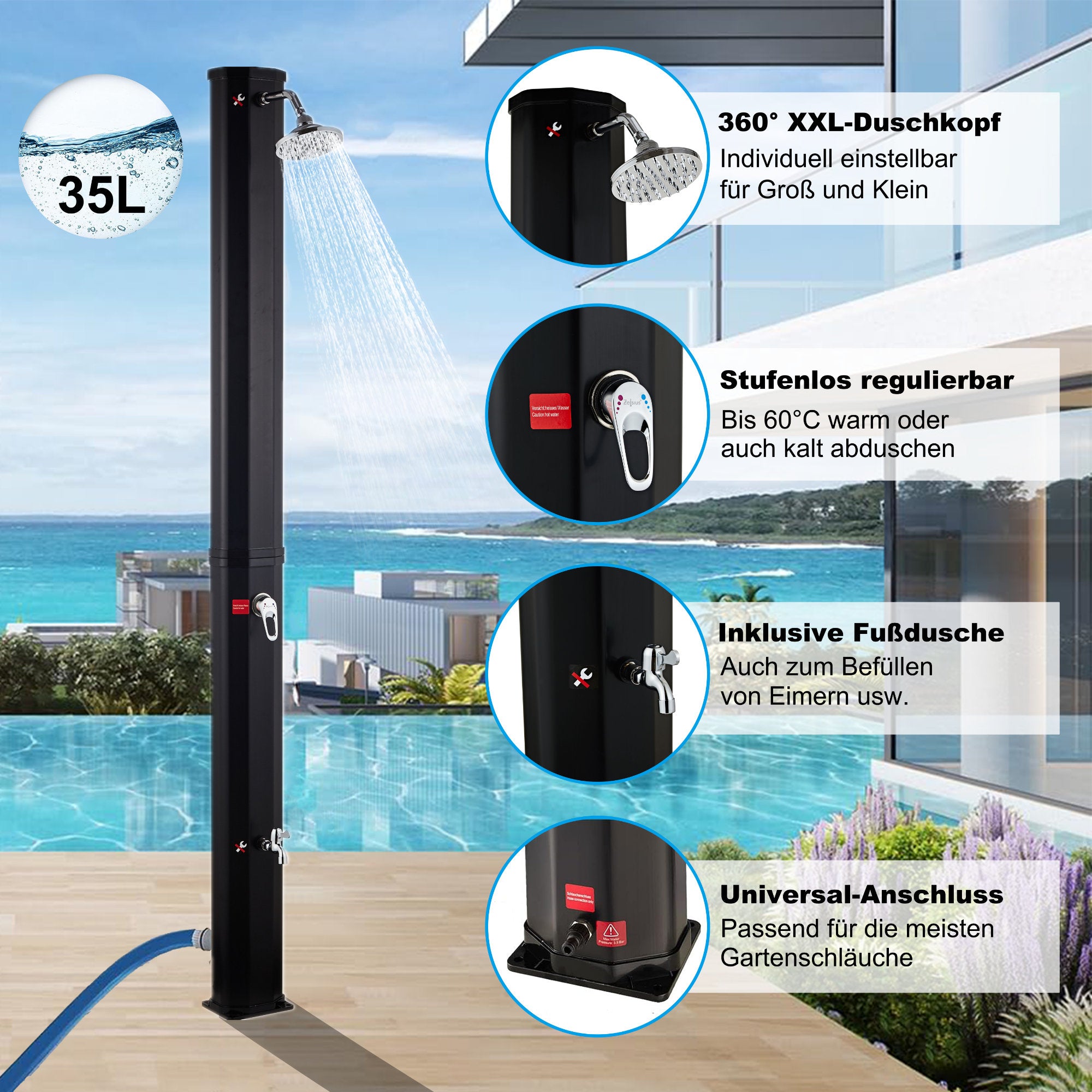 Douche solaire « Mackay », 35 litres, comprenant robinet et douchette pour les pieds
