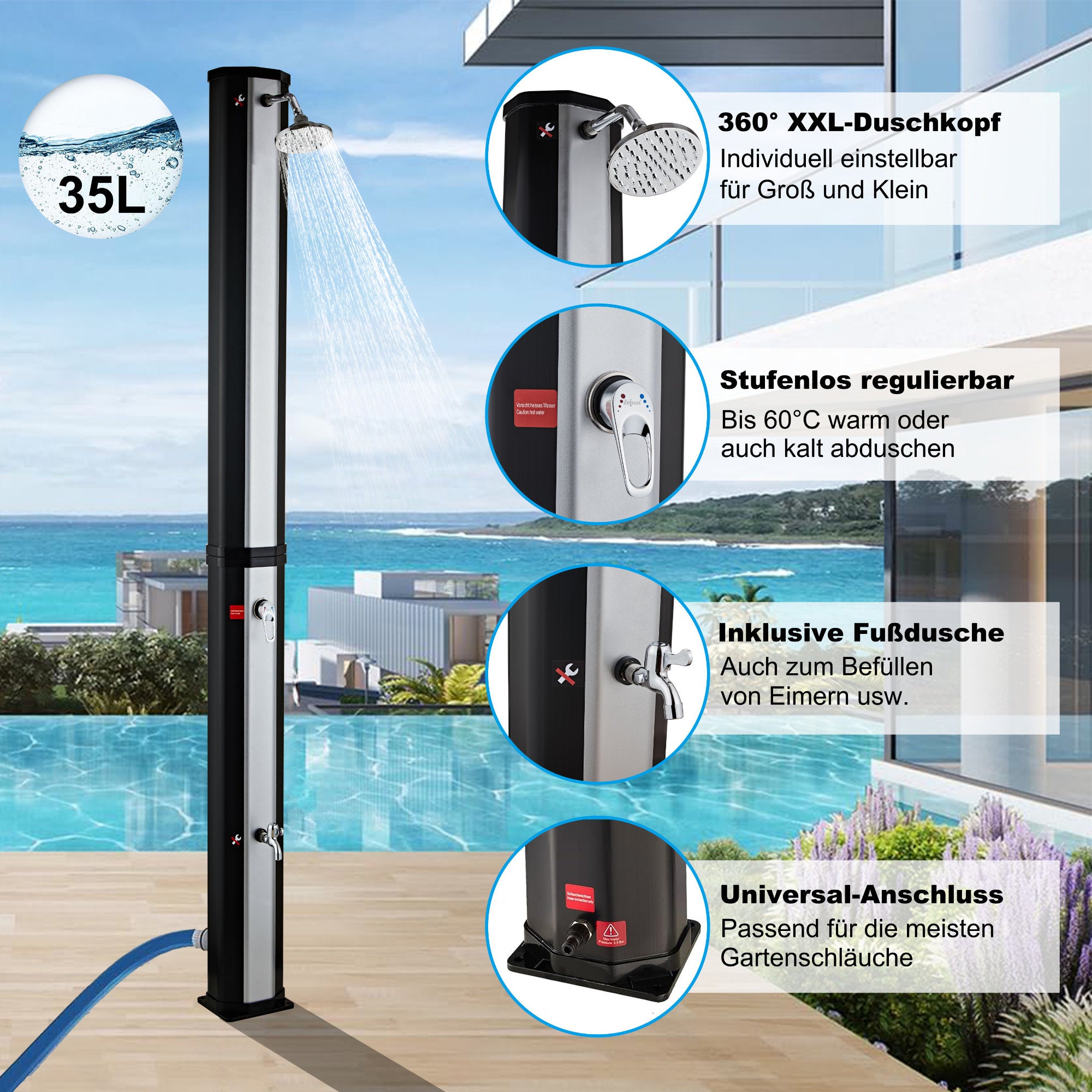 "Mackay" solar shower, 35 liters, including tap and foot shower