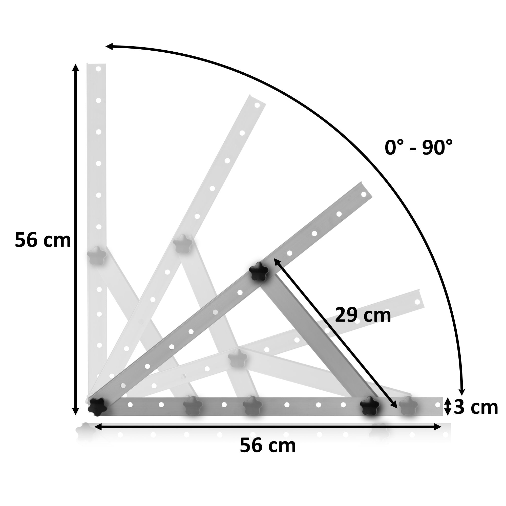 Solar panel mounting bracket, aluminum, adjustable from 0 to 90 degrees, support rod 56 cm