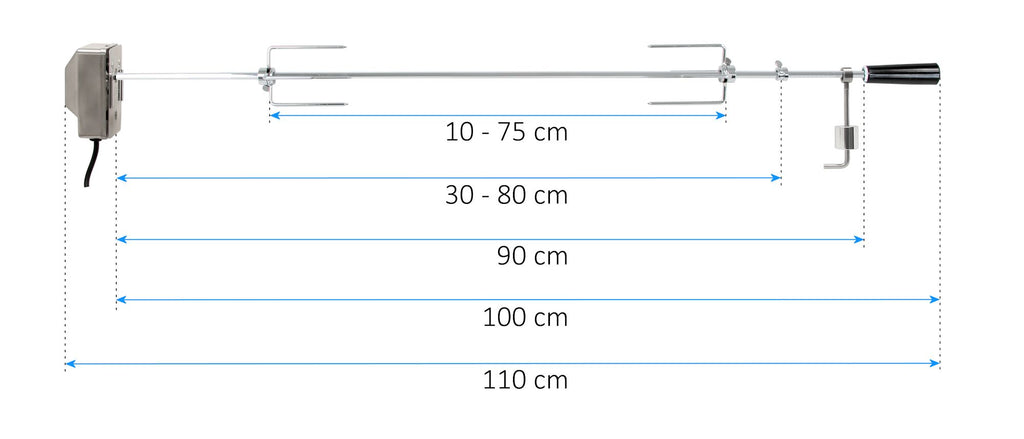 Ensemble de brochettes pour barbecue, 90 cm, comprenant un moteur en acier inoxydable et des aiguilles à viande, pour jusqu'à 10 kg de viande.