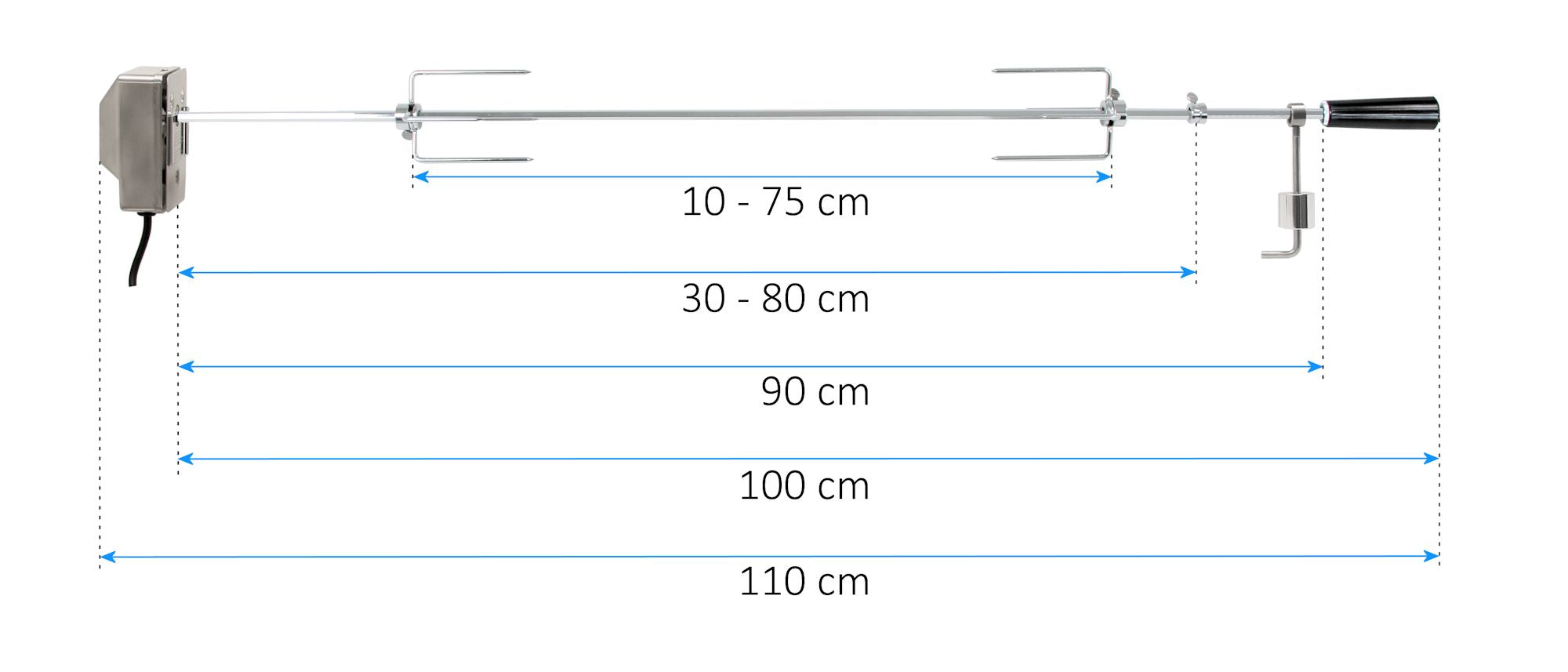 Ensemble de brochettes pour barbecue, 90 cm, comprenant un moteur en acier inoxydable et des aiguilles à viande, pour jusqu'à 10 kg de viande.
