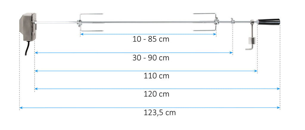 Ensemble de brochettes pour barbecue, 100 cm, comprenant un moteur en acier inoxydable et des dents pour la viande, pour jusqu'à 10 kg d'aliments.