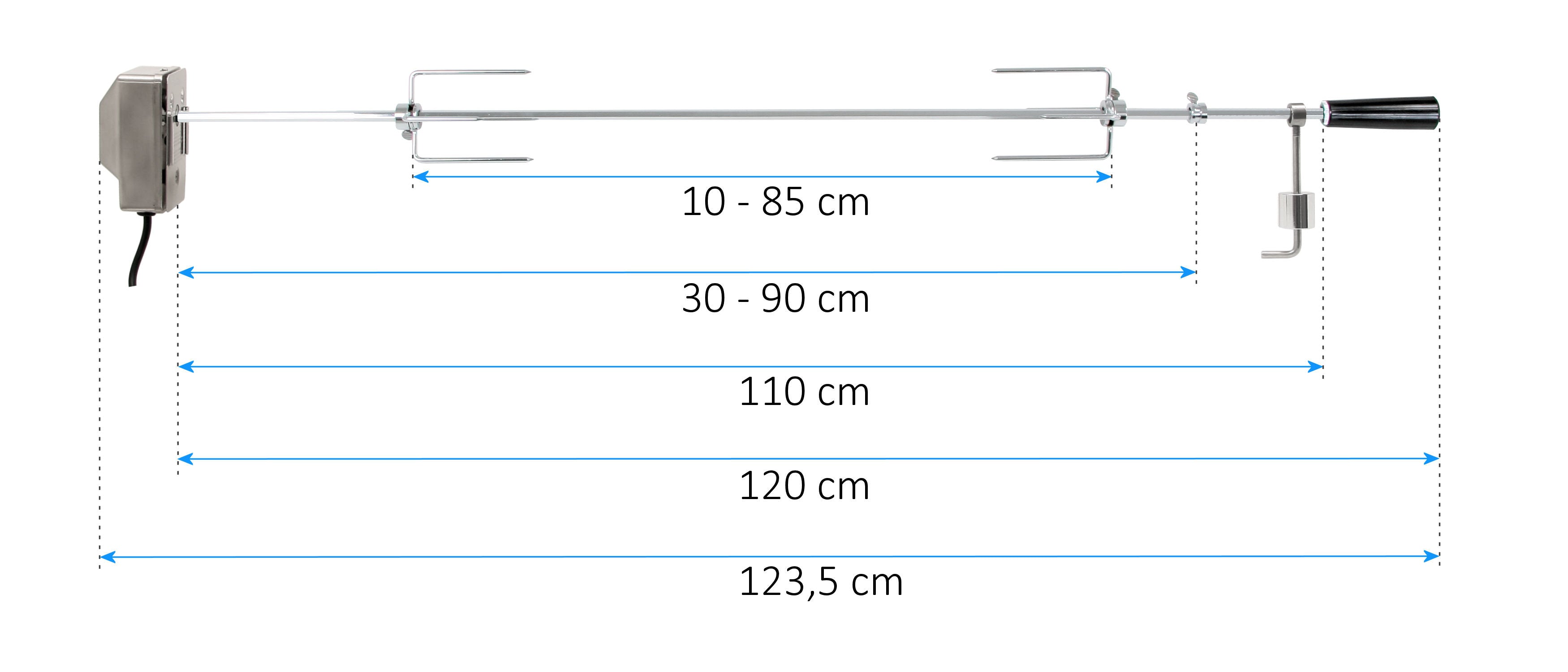 Ensemble de brochettes pour barbecue, 100 cm, comprenant un moteur en acier inoxydable et des dents pour la viande, pour jusqu'à 10 kg d'aliments.