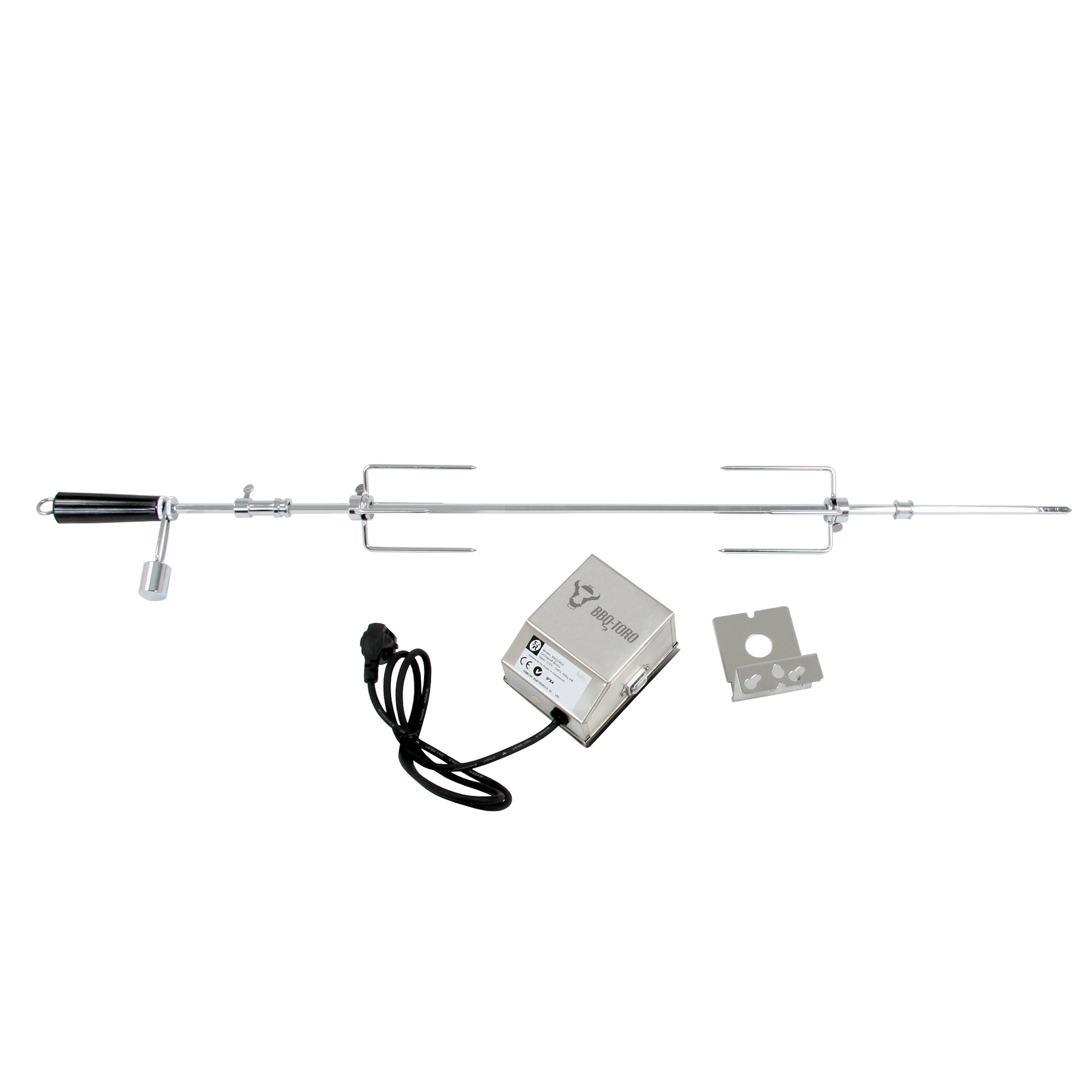 Ensemble de brochettes pour barbecue, 90 cm, comprenant un moteur en acier inoxydable et des dents pour la viande, pour jusqu'à 4 kg d'aliments.