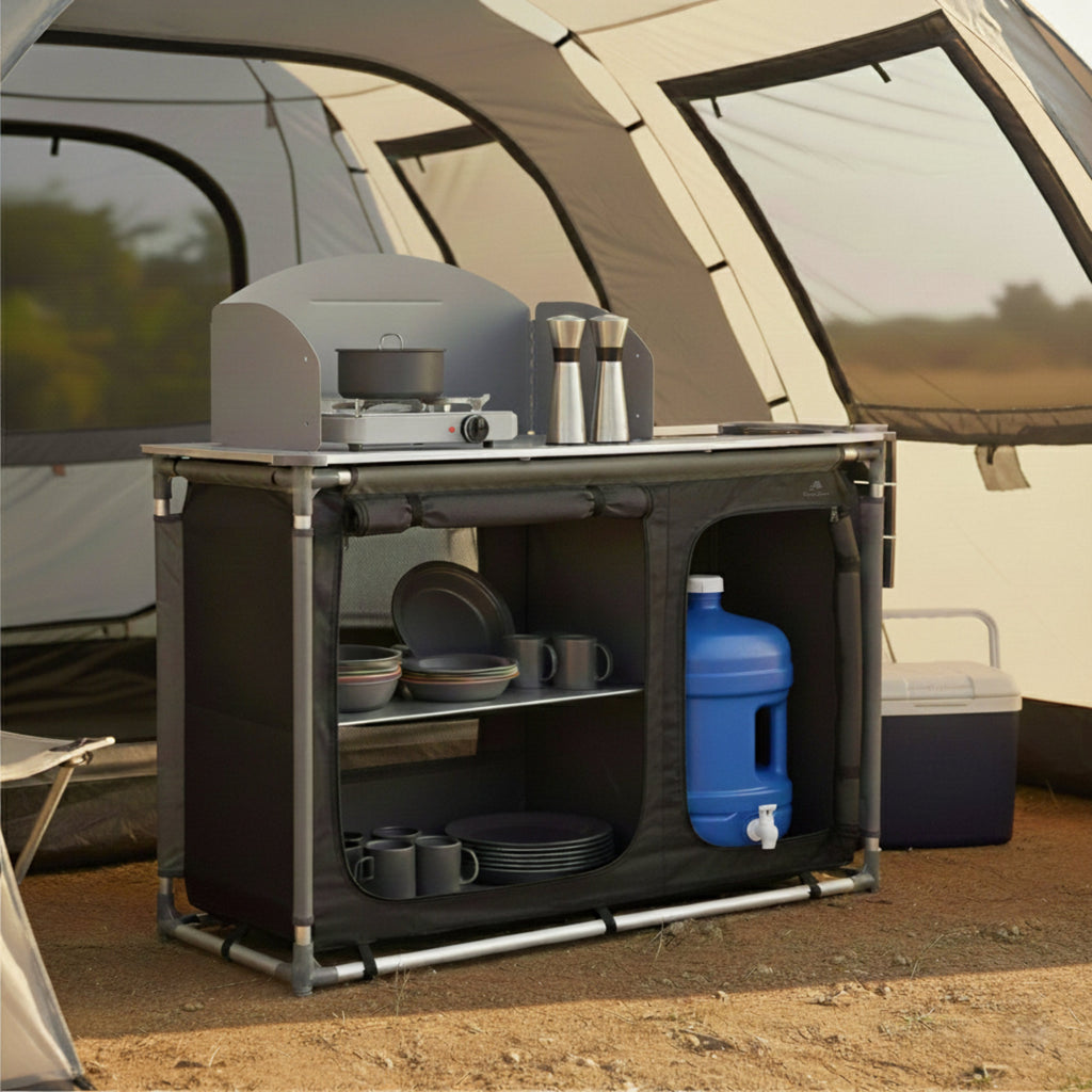 Armoire de camping, 117 cm x 50 cm x 109,5 cm, pliable, avec pare-éclaboussures et évier.