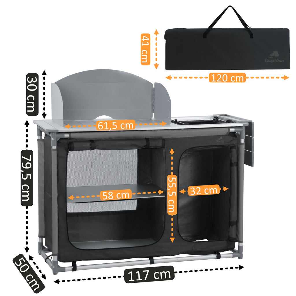 Armoire de camping, 117 cm x 50 cm x 109,5 cm, pliable, avec pare-éclaboussures et évier.