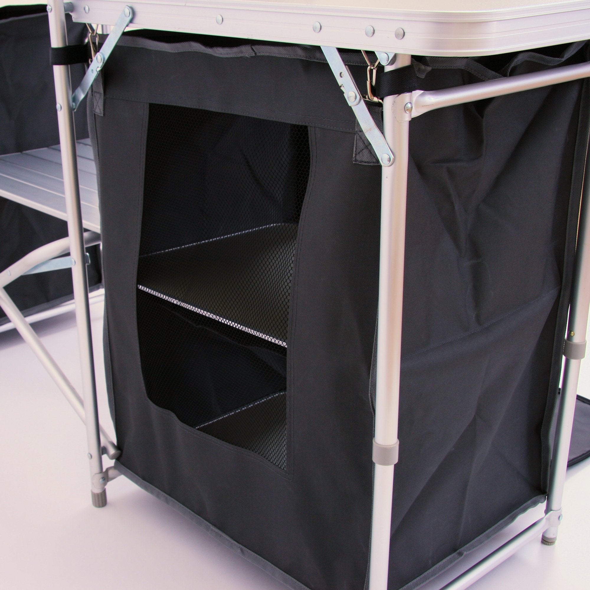 Camping cupboard, 171 x 48 x 111 cm, foldable, including splash guard, shelves and storage compartments