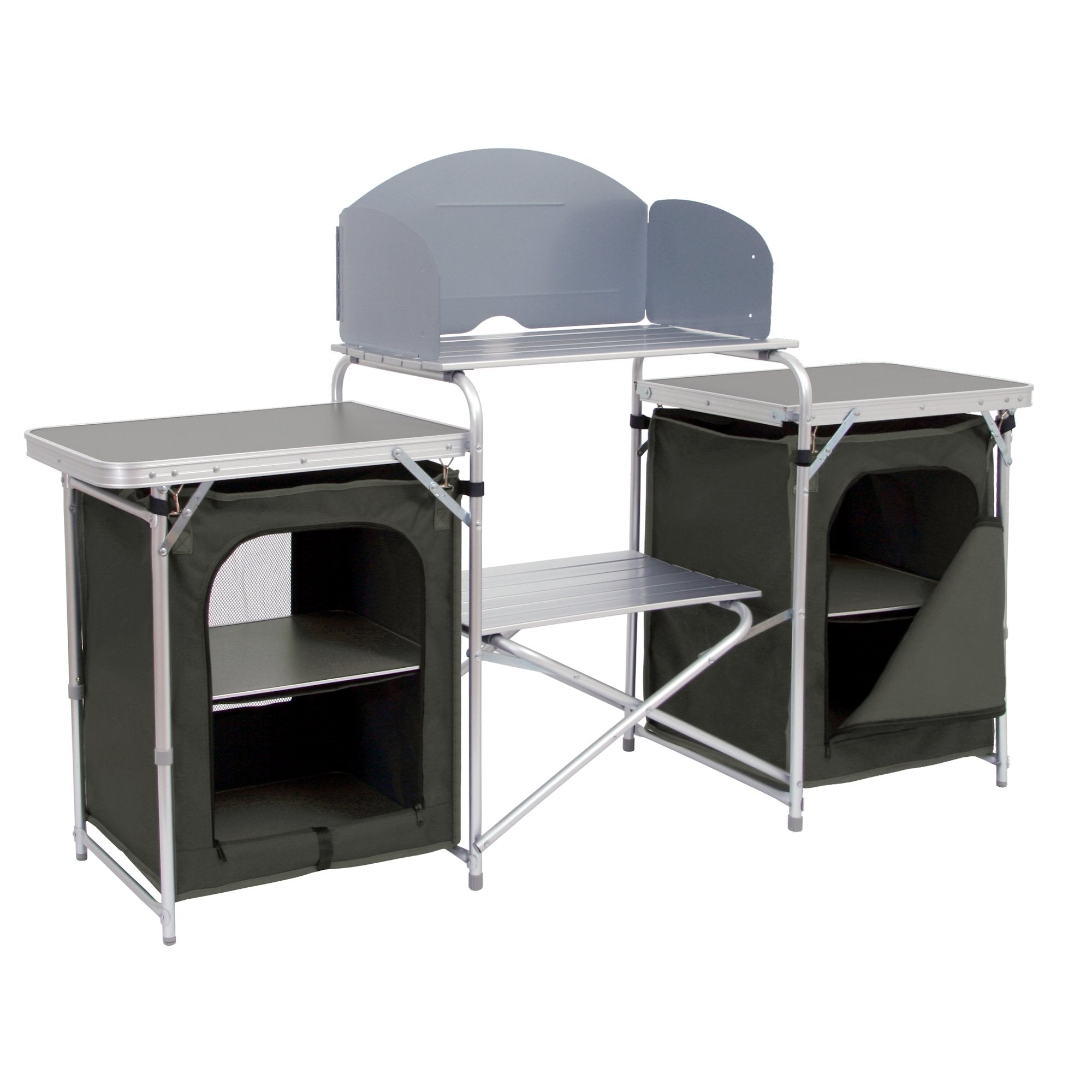 Camping cupboard, 171 x 48 x 111 cm, foldable, including splash guard, shelves and storage compartments