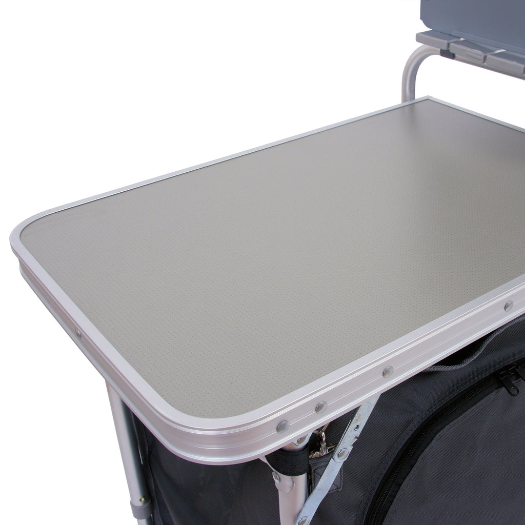 Camping cupboard, 171 x 48 x 111 cm, foldable, including splash guard, shelves and storage compartments