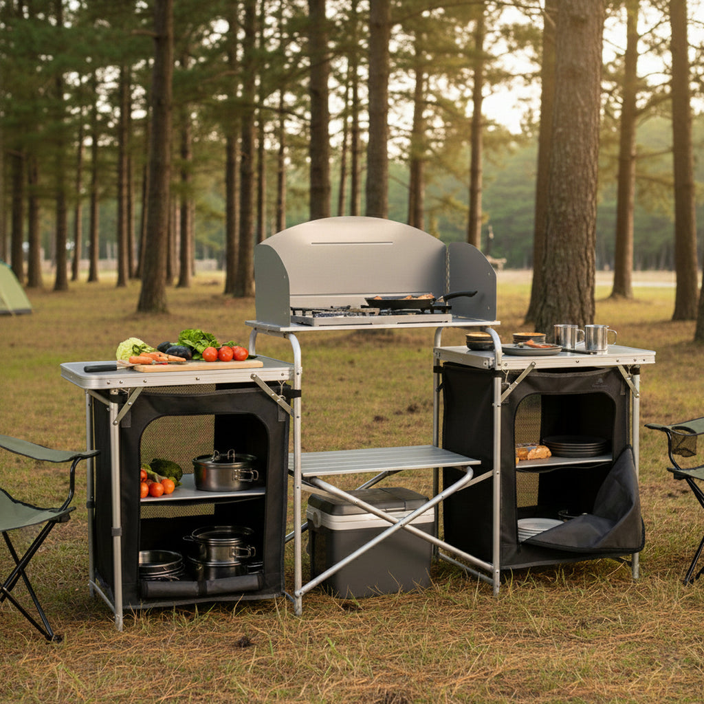 Armoire de camping, 170,5 x 46 x 109,5 cm, pliable, comprenant un pare-éclaboussures, des étagères et des compartiments de rangement