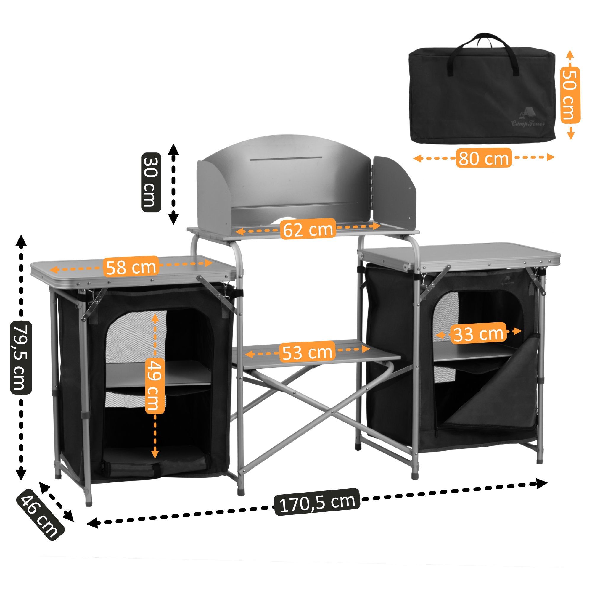 Armoire de camping, 170,5 x 46 x 109,5 cm, pliable, comprenant un pare-éclaboussures, des étagères et des compartiments de rangement