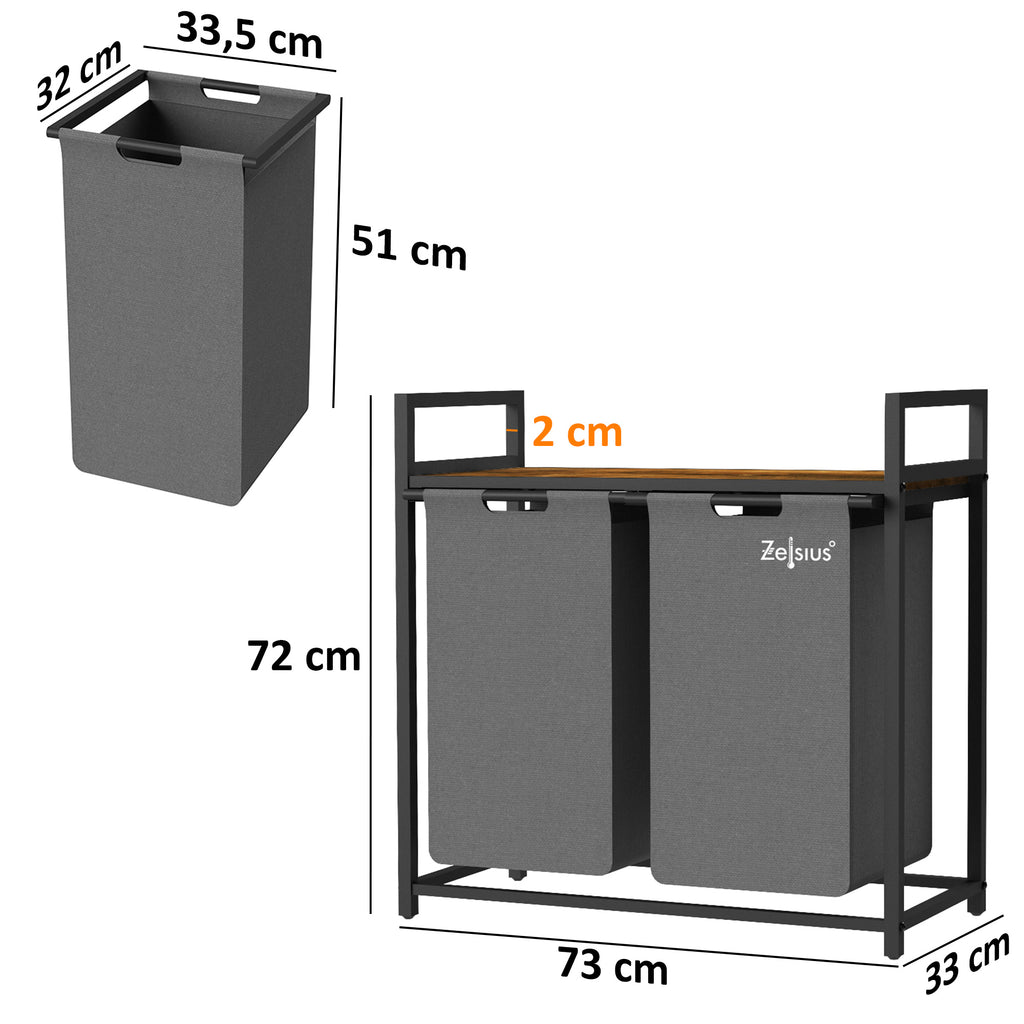 Panier à linge, 2 compartiments, 73 x 33 x 72 cm, avec étagère