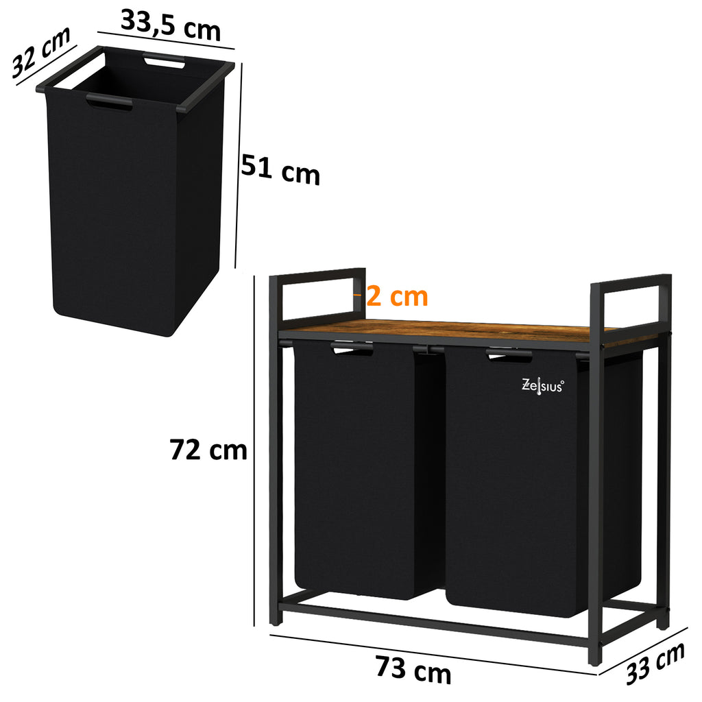 Panier à linge, 2 compartiments, 73 x 33 x 72 cm, avec étagère