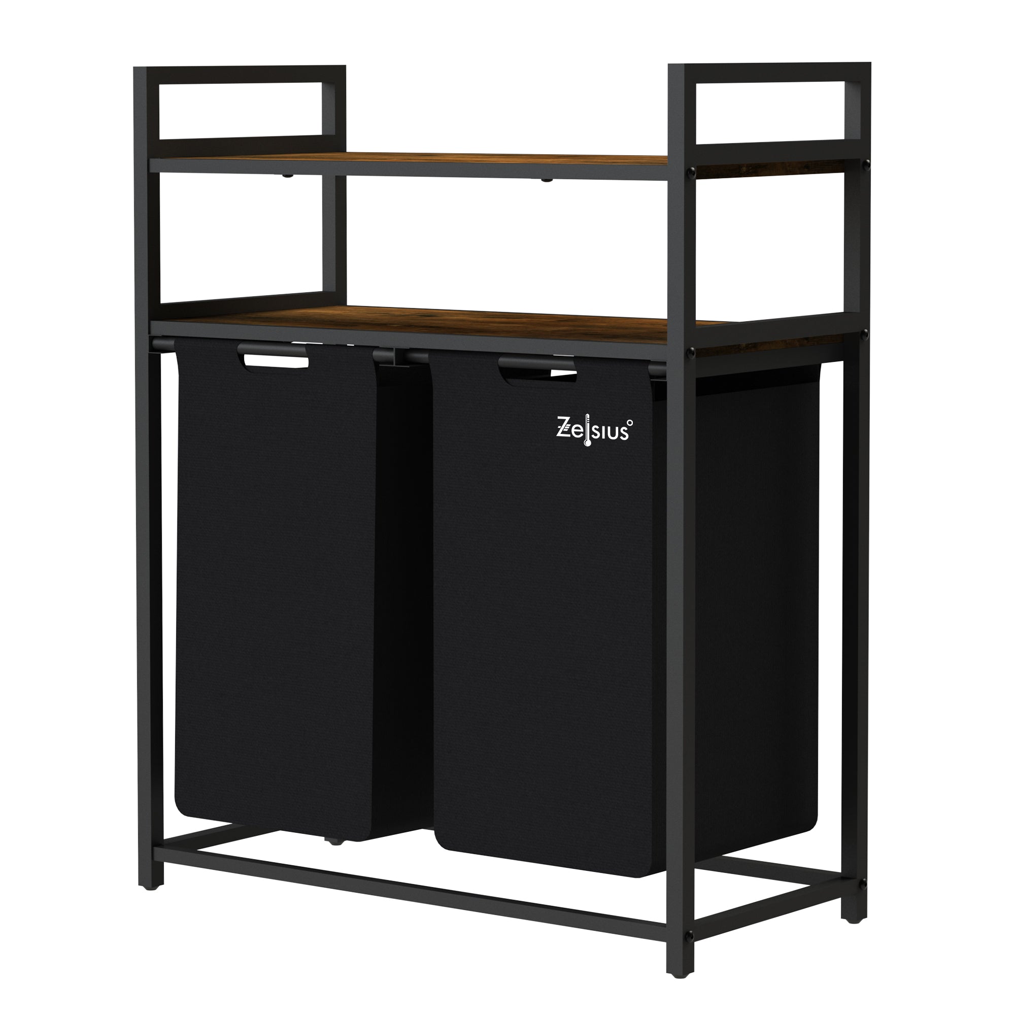 Panier à linge, 2 compartiments, noir, 73 x 33 x 91 cm, avec 2 étagères