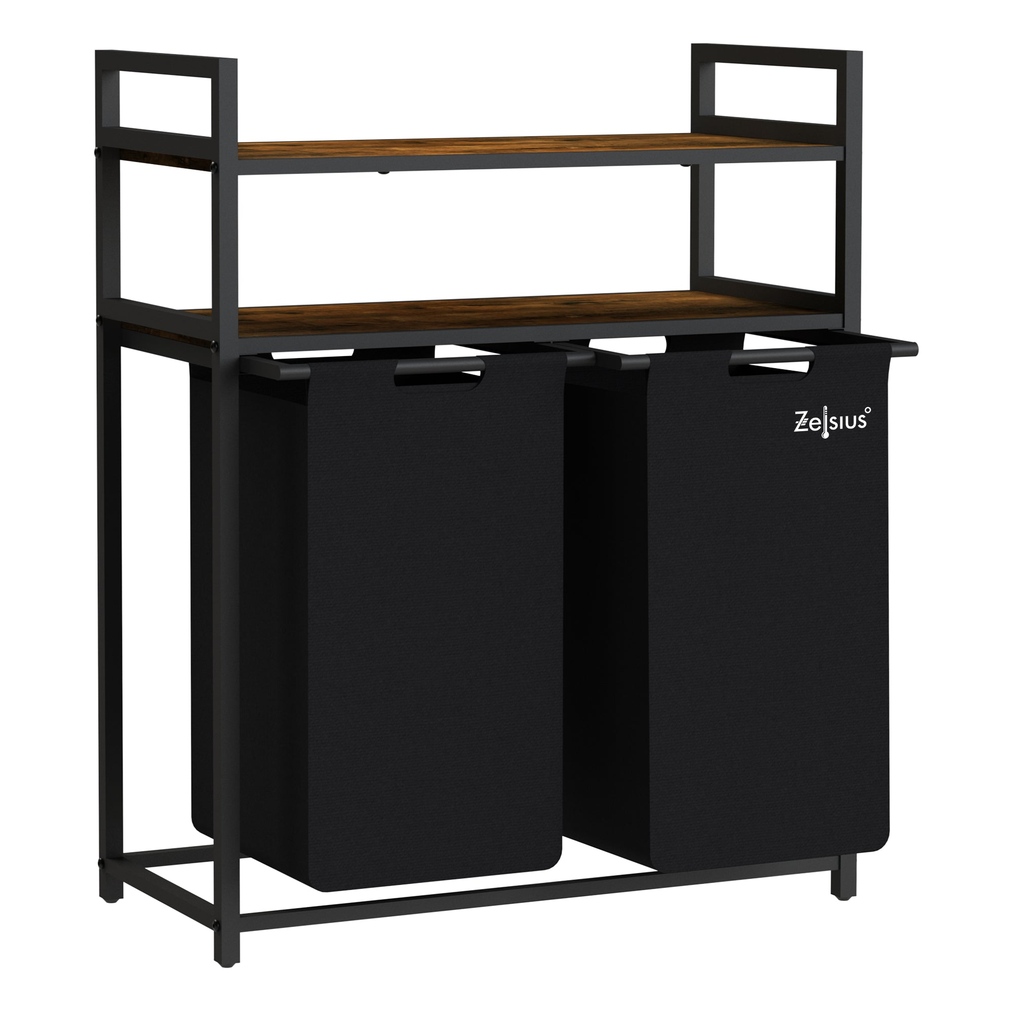 Panier à linge, 2 compartiments, noir, 73 x 33 x 91 cm, avec 2 étagères