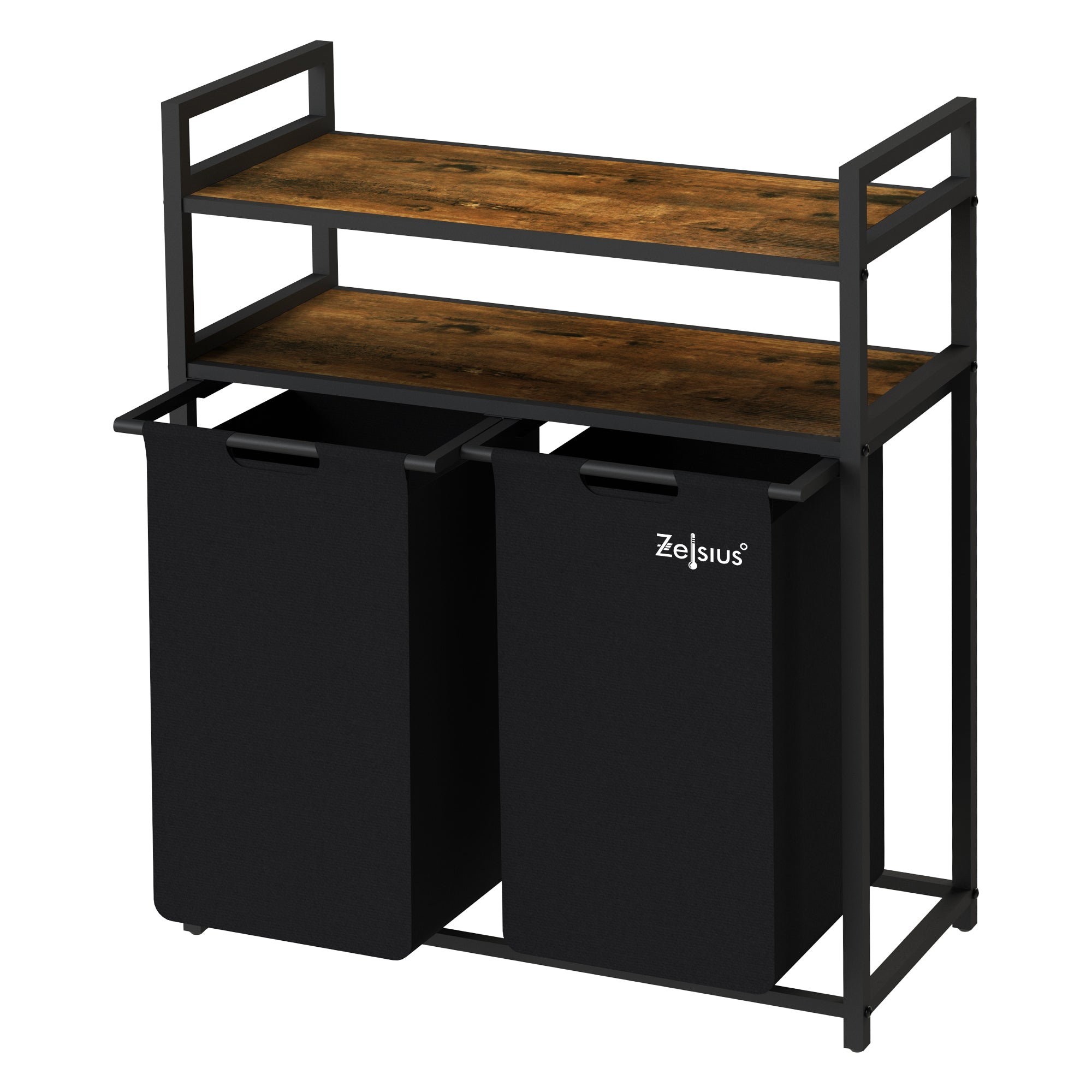 Panier à linge, 2 compartiments, noir, 73 x 33 x 91 cm, avec 2 étagères