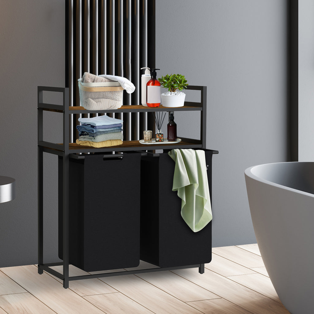 Panier à linge, 2 compartiments, noir, 73 x 33 x 91 cm, avec 2 étagères