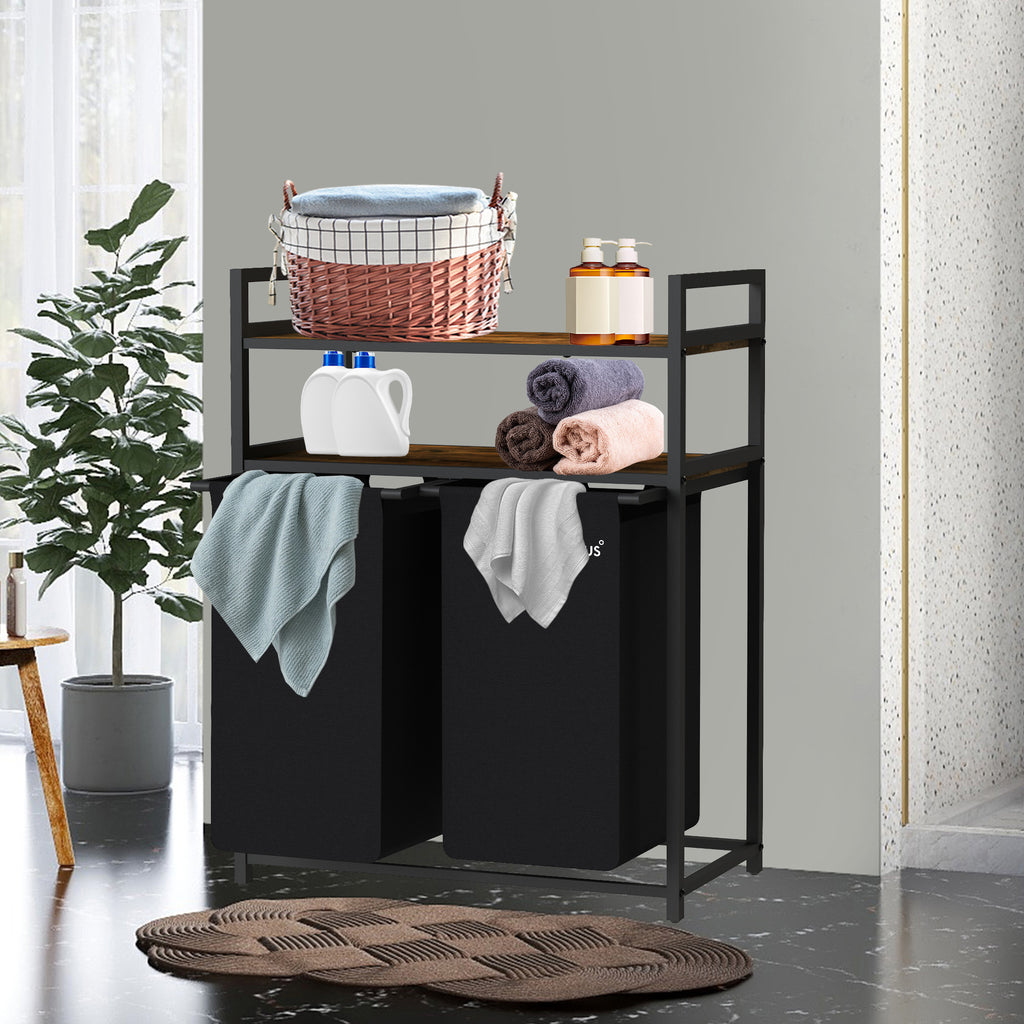 Panier à linge, 2 compartiments, noir, 73 x 33 x 91 cm, avec 2 étagères