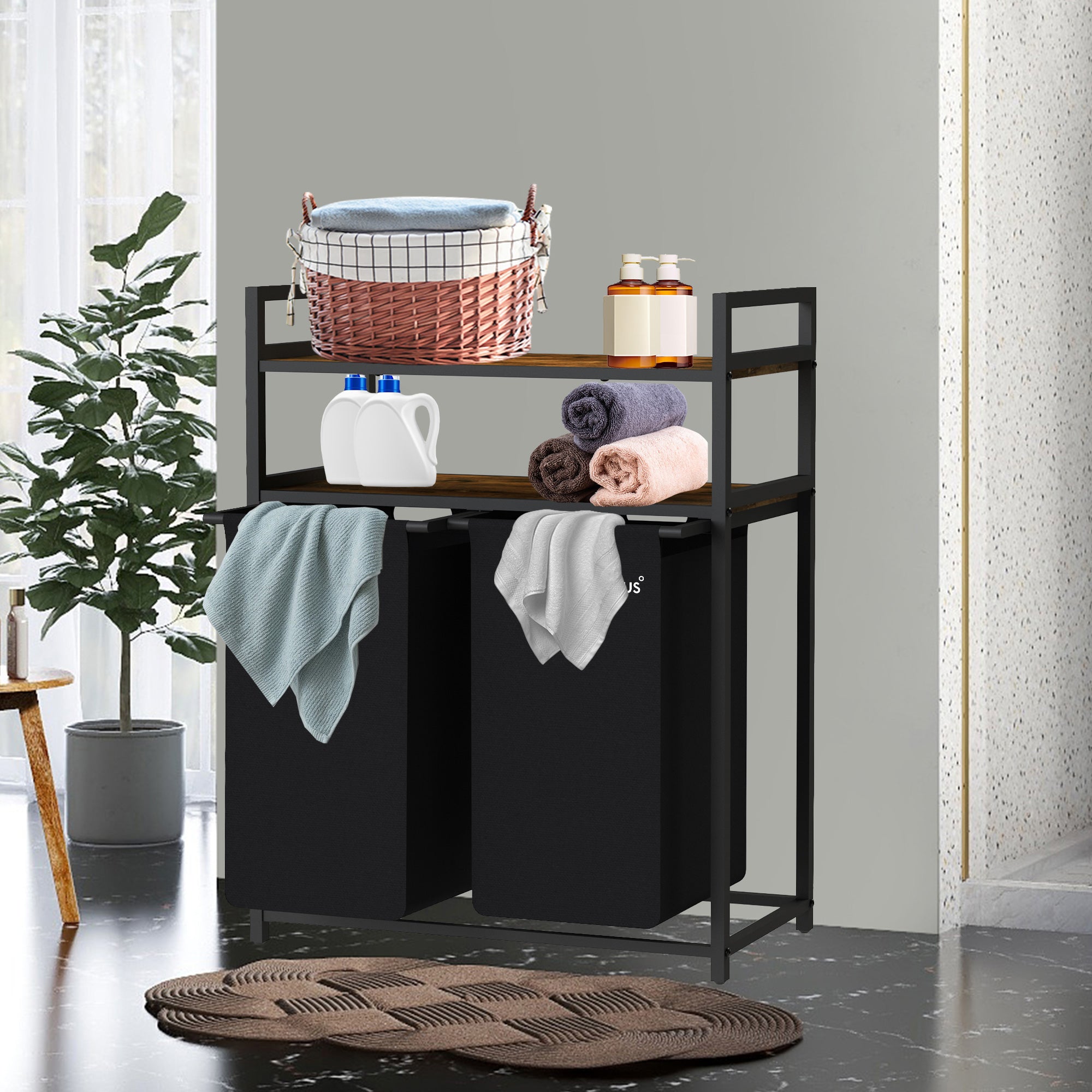 Panier à linge, 2 compartiments, noir, 73 x 33 x 91 cm, avec 2 étagères