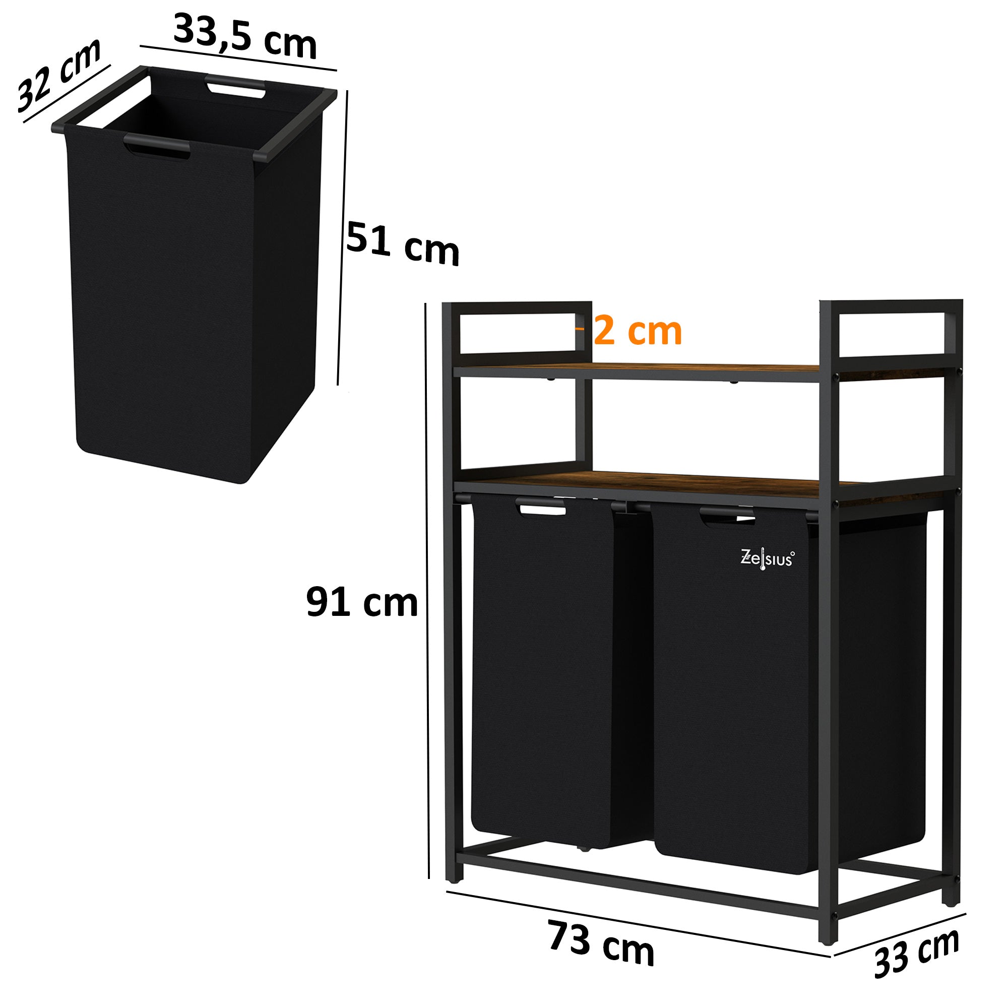 Panier à linge, 2 compartiments, noir, 73 x 33 x 91 cm, avec 2 étagères