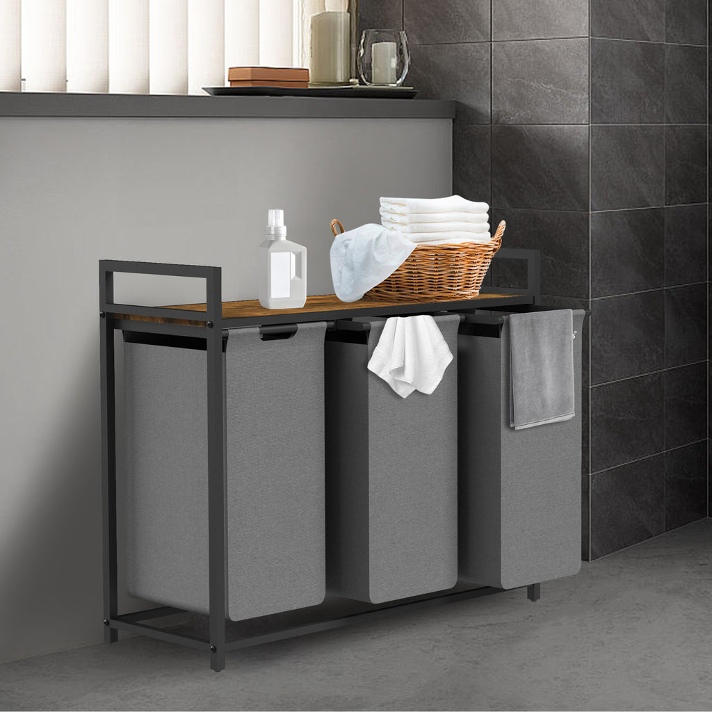 Panier à linge, 3 compartiments, 92,5 x 33 x 72 cm, avec étagère