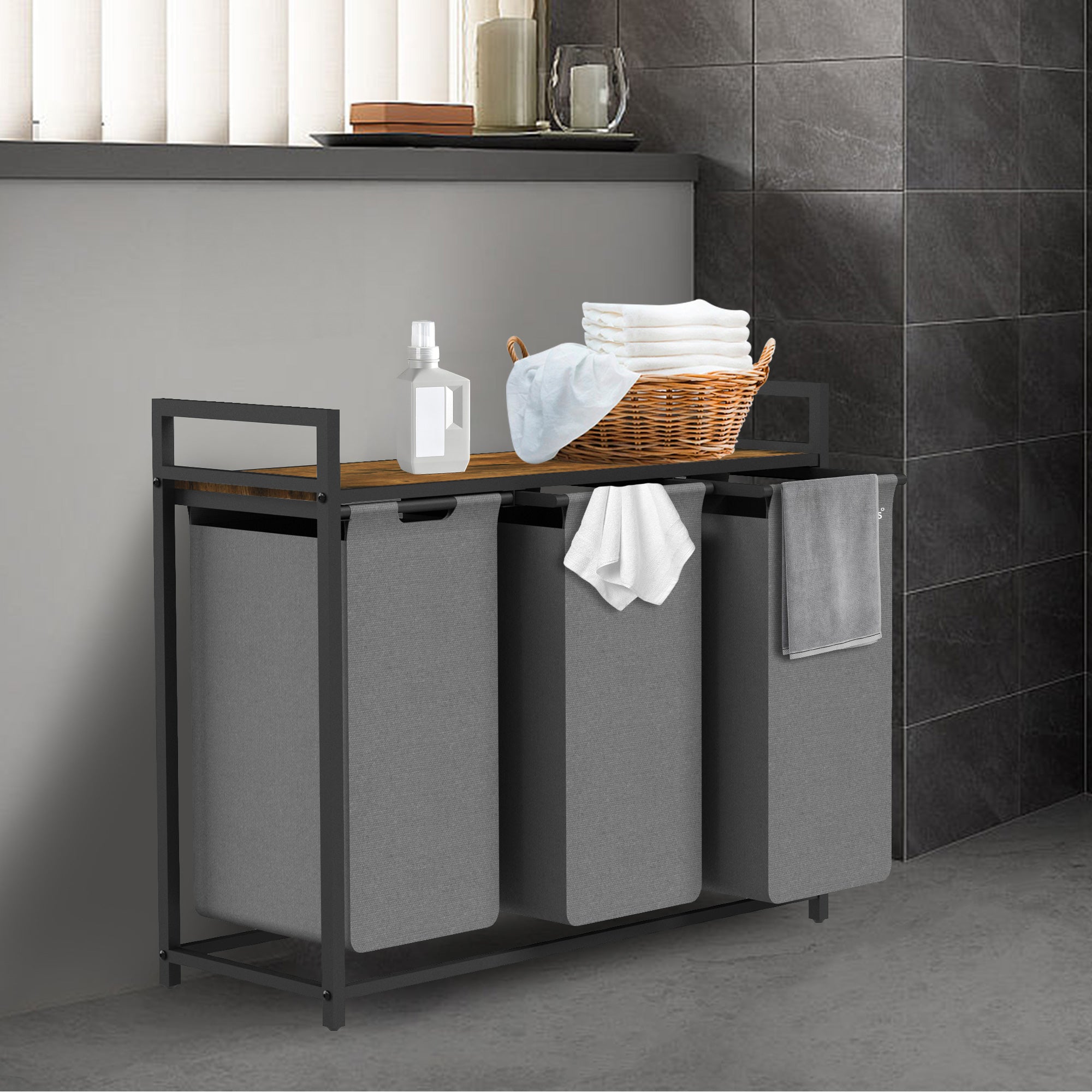 Panier à linge, 3 compartiments, 92,5 x 33 x 72 cm, avec étagère