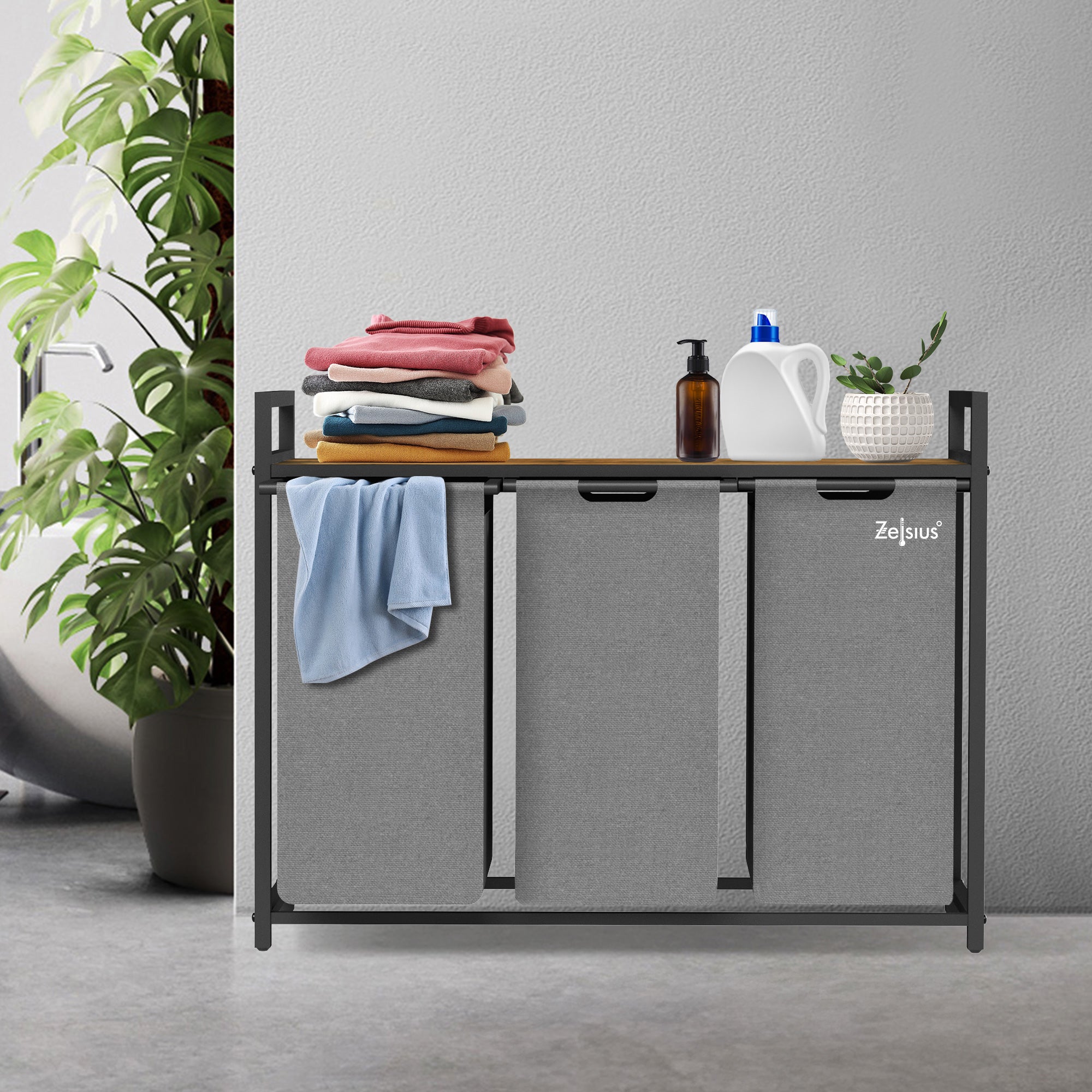 Panier à linge, 3 compartiments, 92,5 x 33 x 72 cm, avec étagère