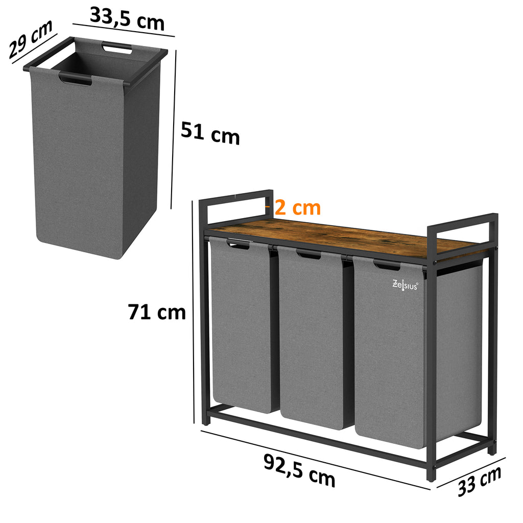 Panier à linge, 3 compartiments, 92,5 x 33 x 72 cm, avec étagère