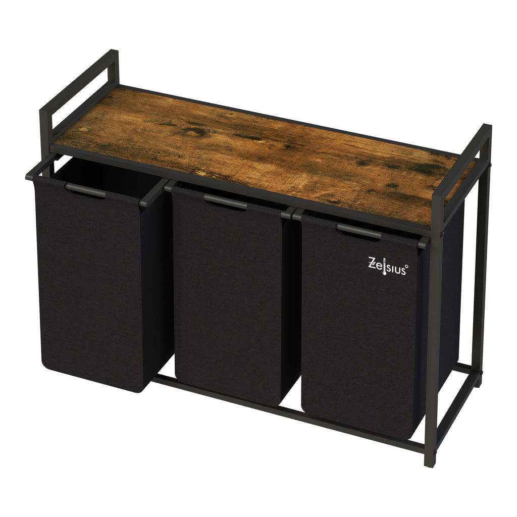 Panier à linge, 3 compartiments, 92,5 x 33 x 72 cm, avec étagère