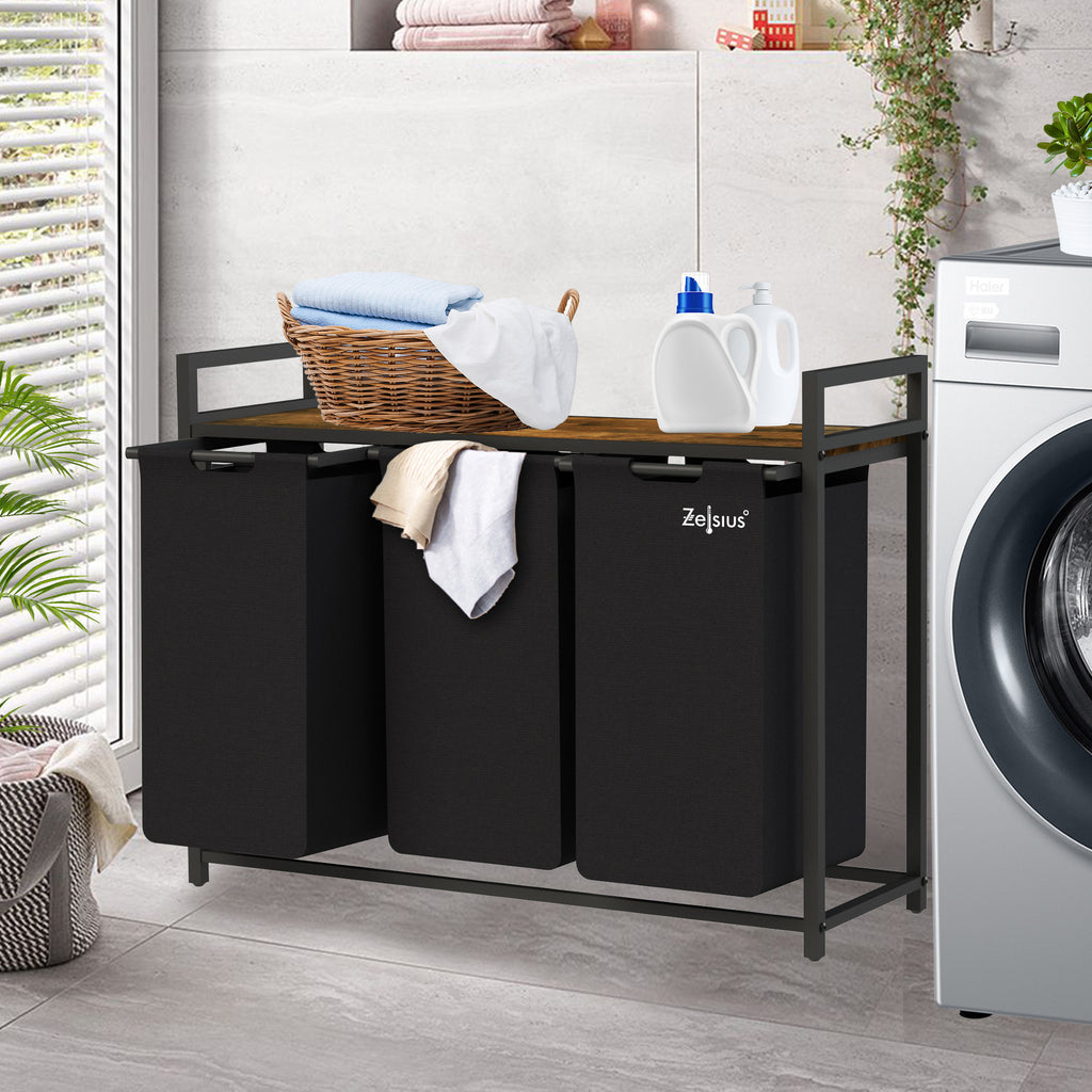 Panier à linge, 3 compartiments, 92,5 x 33 x 72 cm, avec étagère