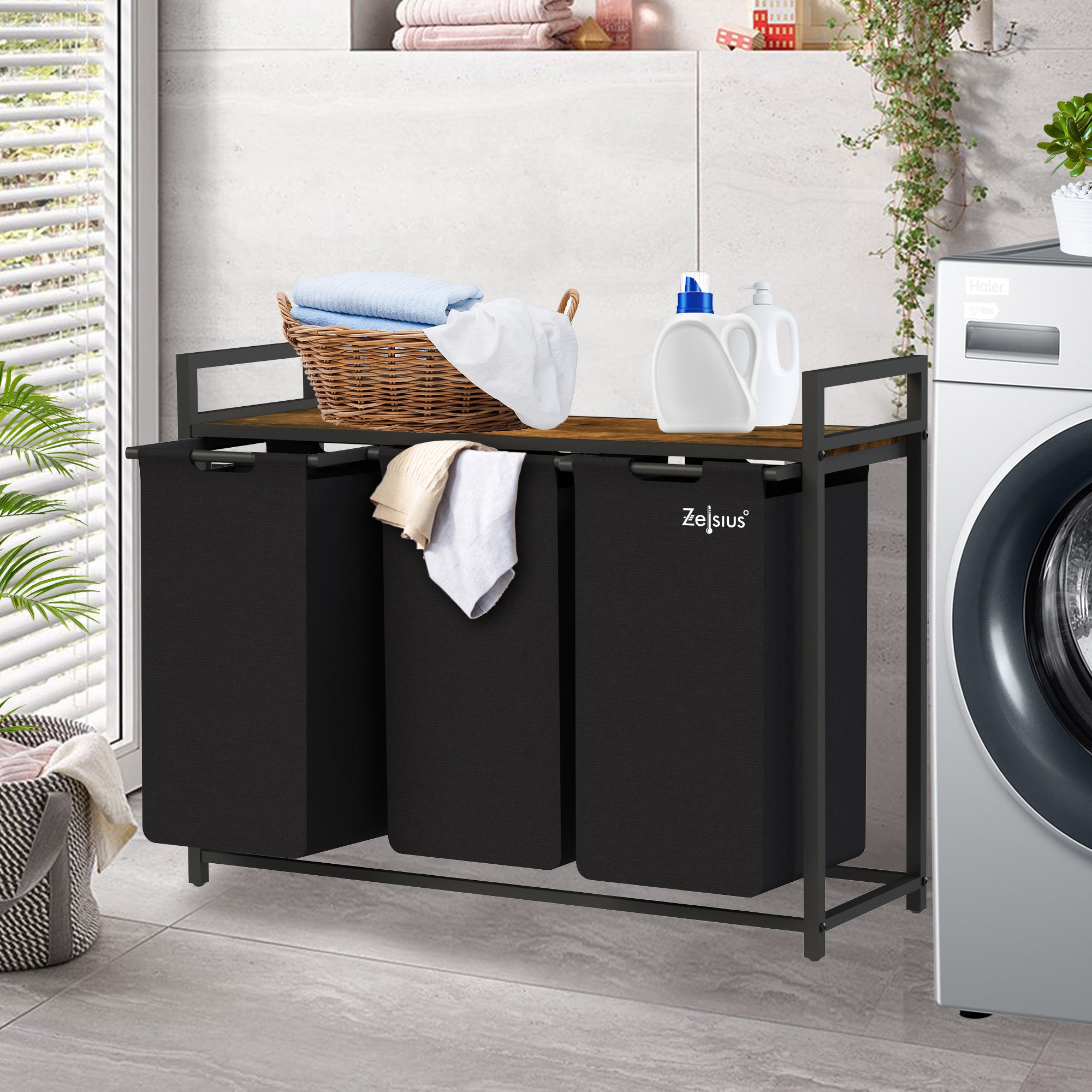 Panier à linge, 3 compartiments, 92,5 x 33 x 72 cm, avec étagère
