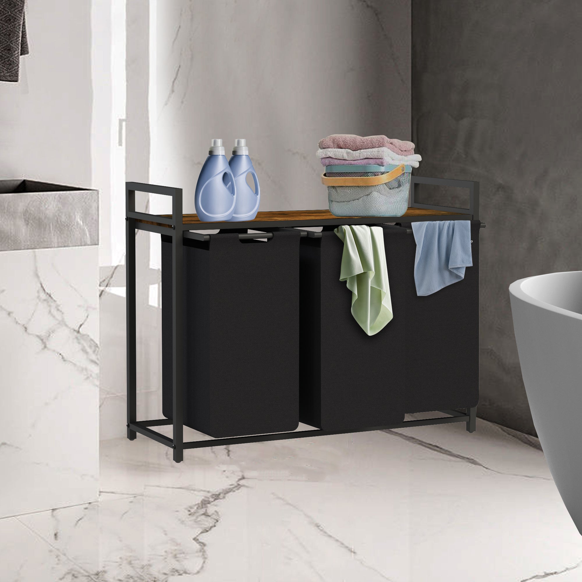 Panier à linge, 3 compartiments, 92,5 x 33 x 72 cm, avec étagère